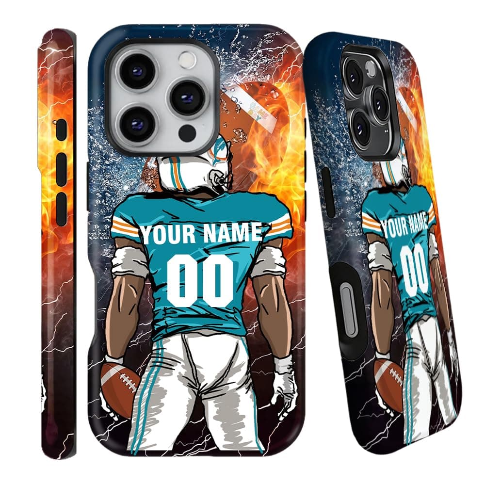 FENBAND Custom Name & Number Football Case Compatible with iPhone 17 16 15 14 Pro Max/Plus 17 Air 16e 13 12 11, Glossy Fall Prevention Hybrid 2 Layer Hard Shell Phone Case (Miami)