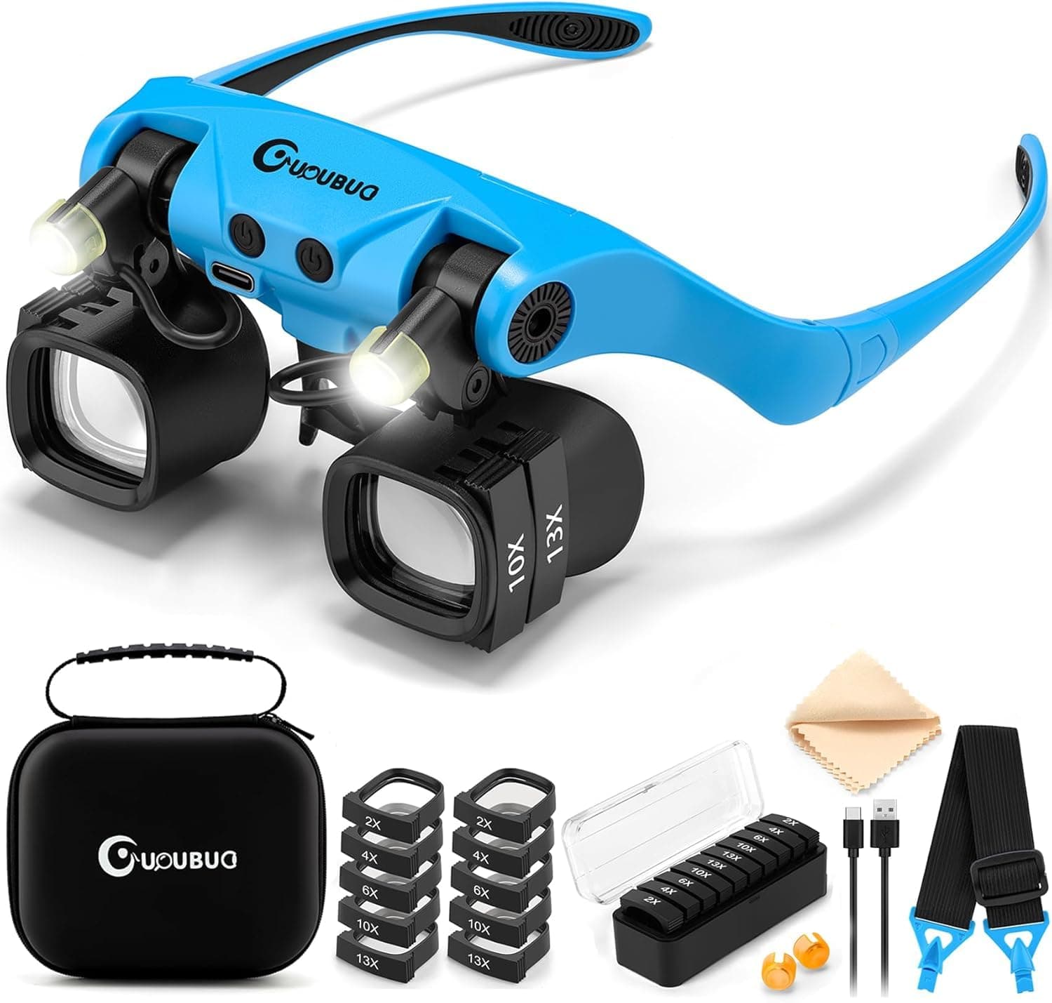 GUOUBUO Rechargeable Magnifying Glass with Light 2X-23X,5 Pairs Lens Combos