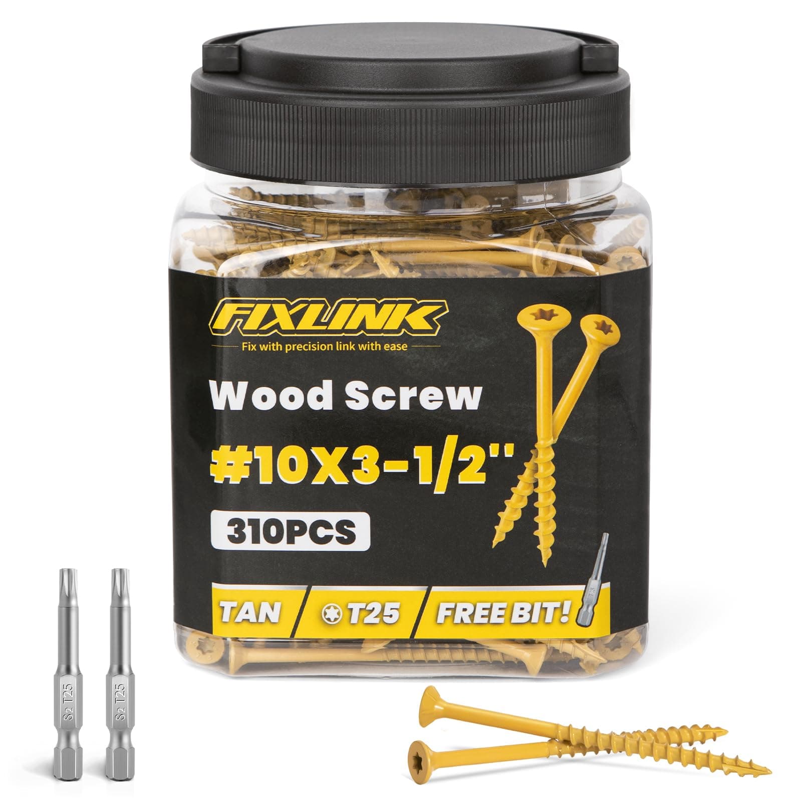 Wood Screws 3-1/2 Inch, FIXLINK Deck Screws #10 x 3-1/2", 310 PCS, T25 Star Bit Above 1500 Hour Salt Spray Coating Decking Screws for Outdoor Wood Fence, Tan