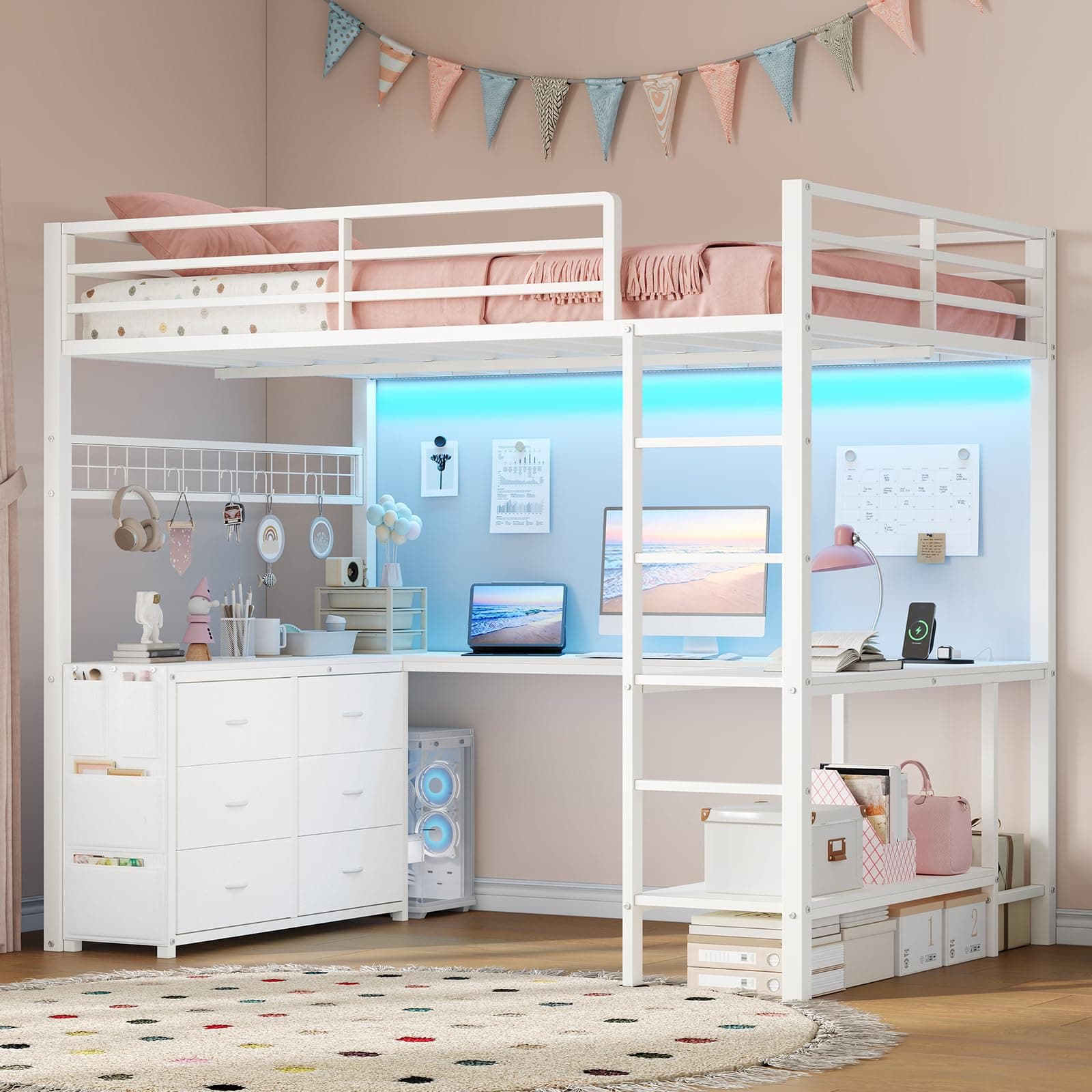 Full Size Loft Bed with Desk, Metal Loft Bed Full Size with RGB Lights & Power Outlet, Loft Bed Frame with Safety Guardrail & Ladders, 6 Drawers and 2 Storage Shelves, No Box Spring Needed, White