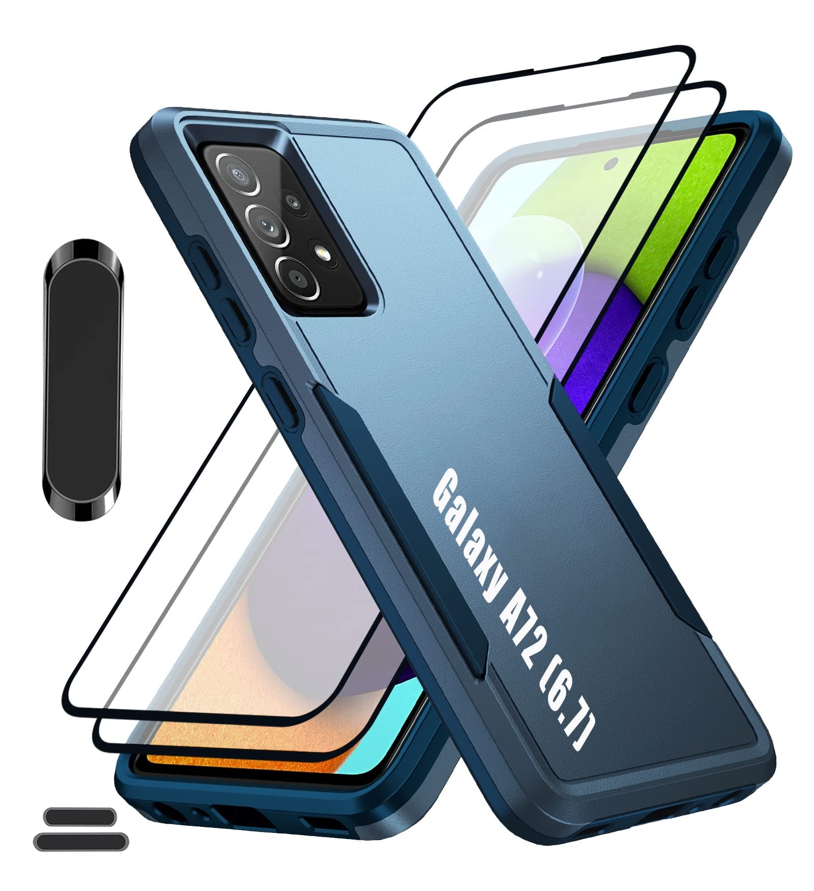 LMDAMZ for Galaxy A72(5G) 6.7 Inch Double Layer Hybrid Military Grade Rugged Shock Resistant Drop Case with 1 PCS Magnetic Car Mount and 2 PCS HD Tempered Glass Screen Protector (Blue)