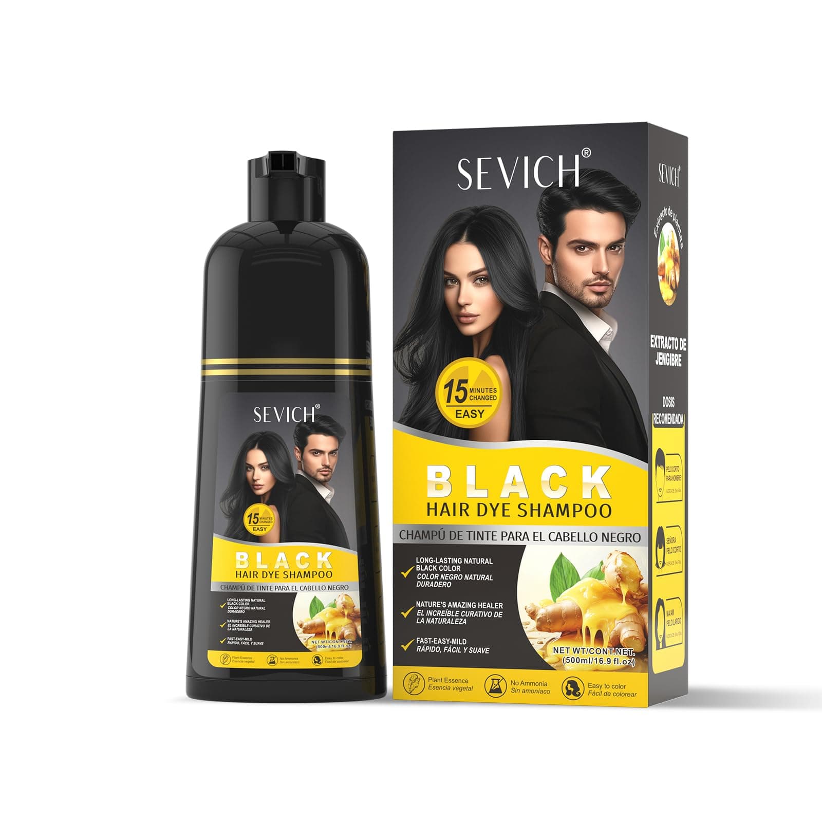 Gowwim Black Hair Dye Shampoo, Natural Semi Permanent Hair Color Shampoo Dye for Women & Men Shampoing Colorant Nourishing Smooth for Gray Cover up Coverage 500ml Ginger
