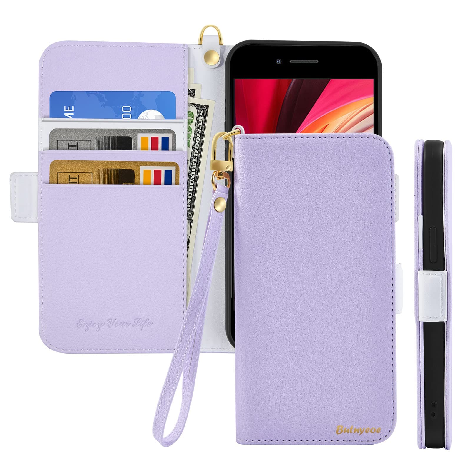 Butnyeoe Flip Wallet Case Compatible with iPhone 7 Plus,PU Leather/Shockproof TPU Phone Case with Card Holder Stand Magnetic Closure Protective Folio Cover for iPhone 8 Plus,Light Purple