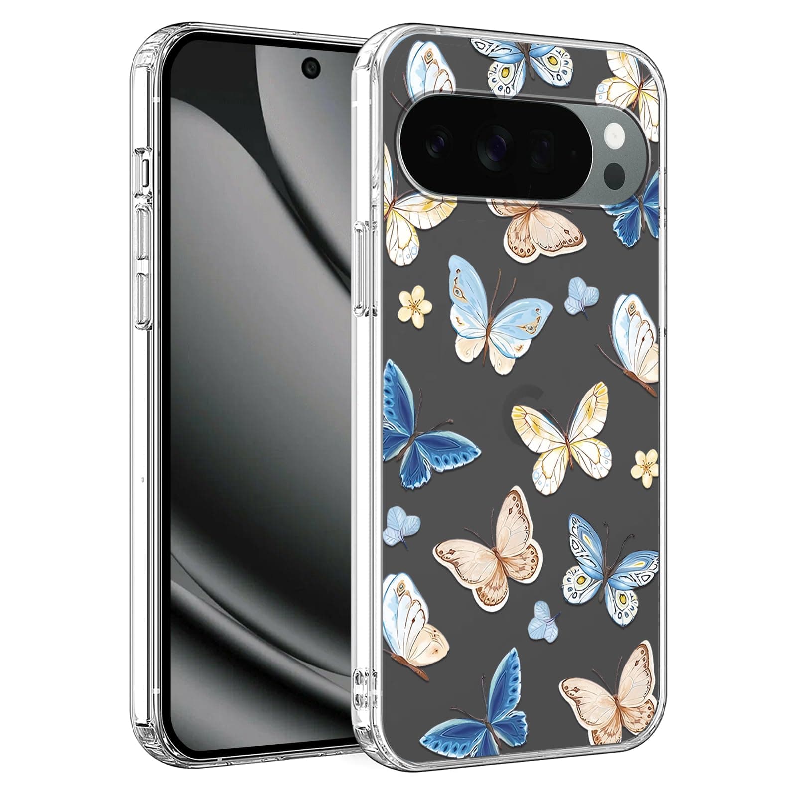 lioscre Butterfly Phone Case for Google Pixel 10 Pro 5G 6.3'', Cute Flower Floral Case Trendy Soft Slim TPU Shockproof Protective Phone Cases Cover Exquisite Phone Cover Stylish for Women Girls, Blue