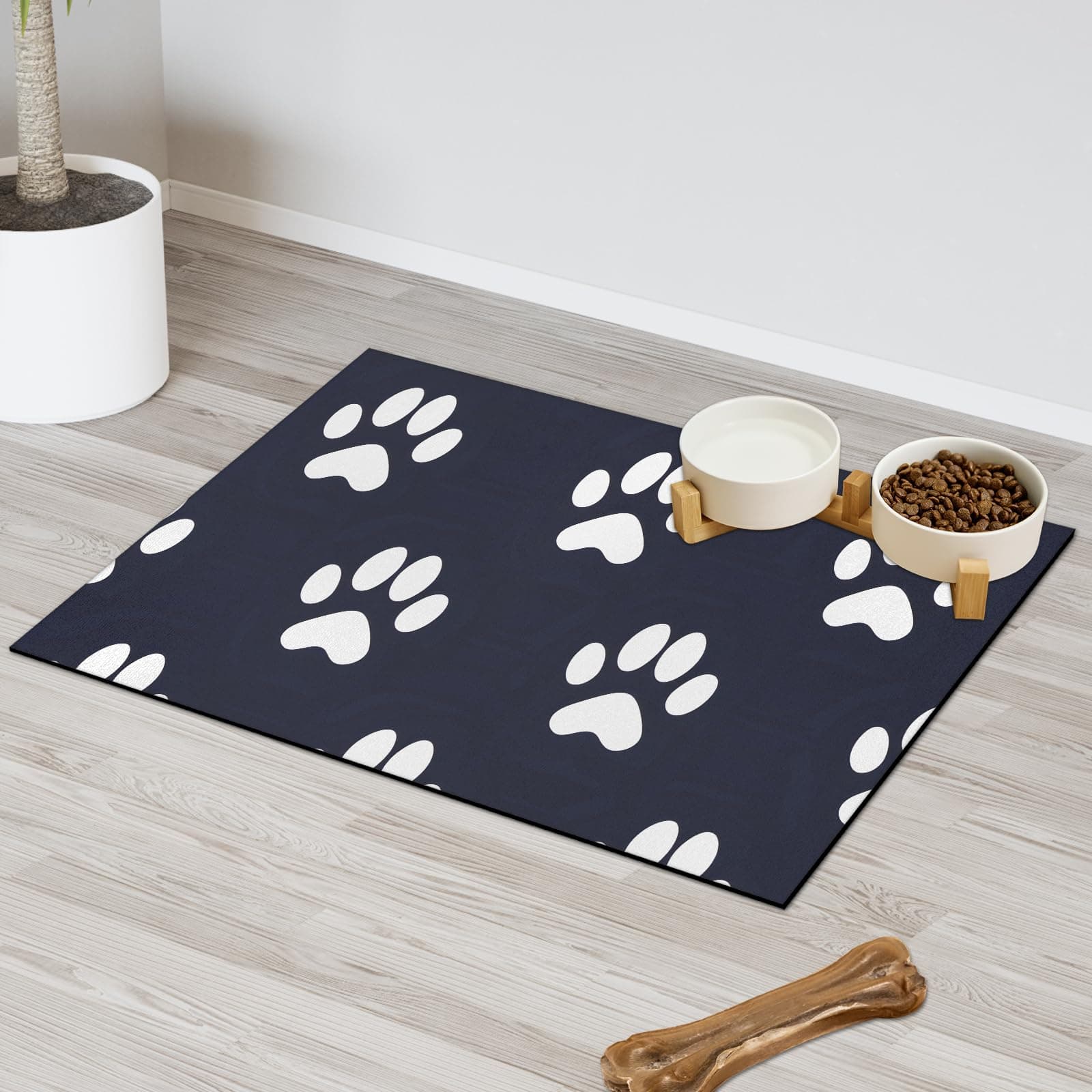 Modern Pet Feeding Mat 17x30 Non-Slip - Absorbent Dog Bowl Placemat for Food & Water, Washable Floor Mat for Cats/Dogs, Decor-Friendly Spill Control Essentials Dog Paws Print
