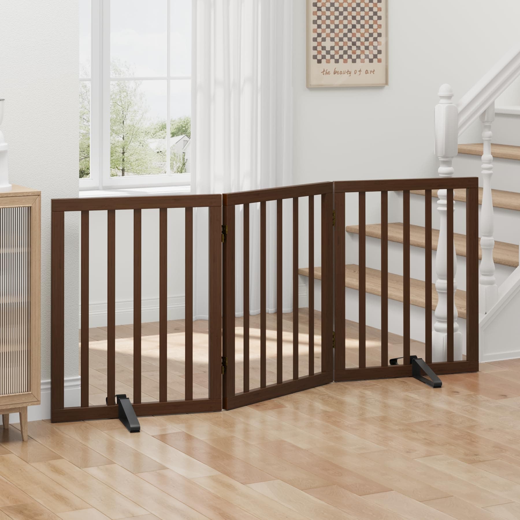 Dog Gate for Doorways, Freestanding Foldable Dog Gate Indoor, Pet Gates for Doorways Bedroom, Puppy Gate with Metal Support Feet, 3 Panels (Rustic tan)