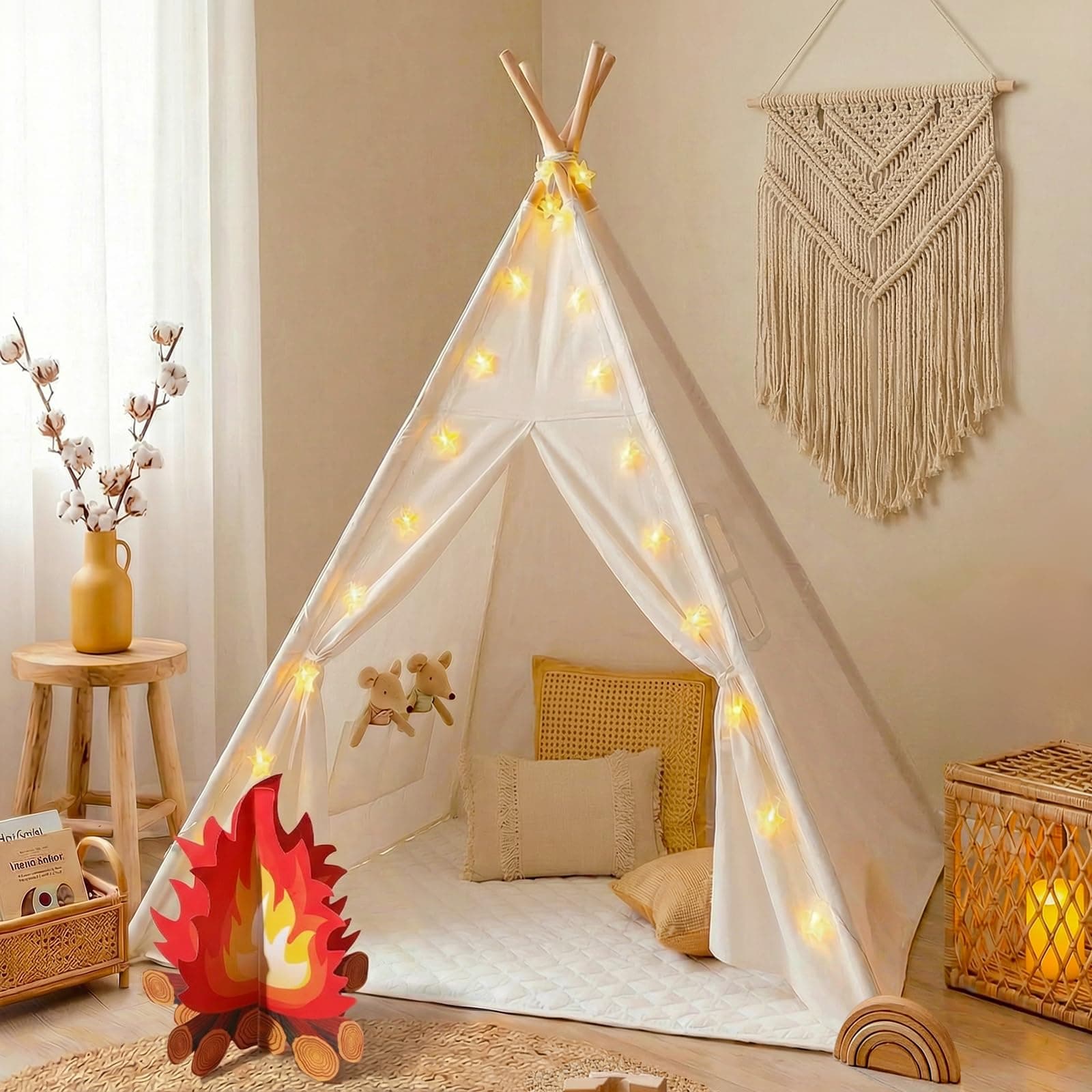 Little Dove Teepee Tent for Kids with Star Lights, Mat & Campfire Toy, Premium Cotton Canvas Kids Play Tent with Wooden Poles, Foldable Indoor Outdoor Playhouse with Carry Bag, Gift for Boys Girls
