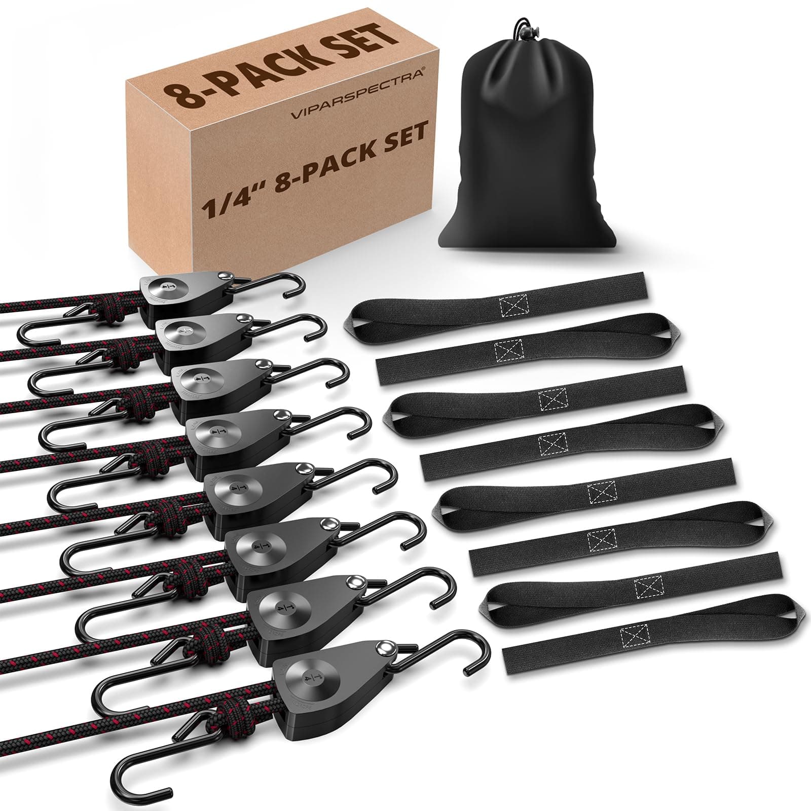 Ratchet Tie Down Straps, 1/4" Adjustable Rope Hangers 8 Pack, 12FT