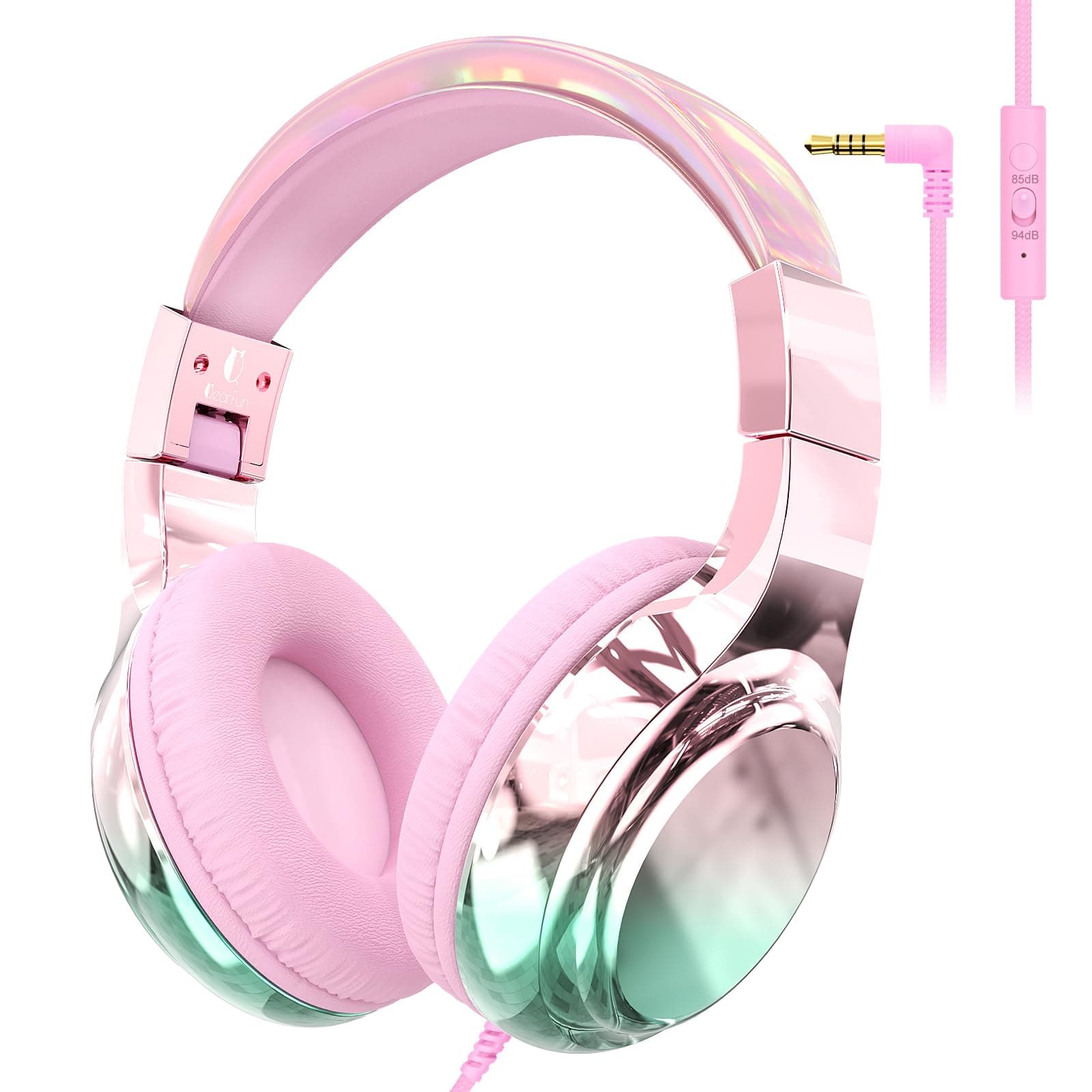 Qearfun Kids Headphones with Microphone, 85/94dB Volume Limit, Wired Foldable Over-Ear Headset, with Sharing Jack for School & Travel, Works with iPad Tablet for Boys, Girls, Toddlers