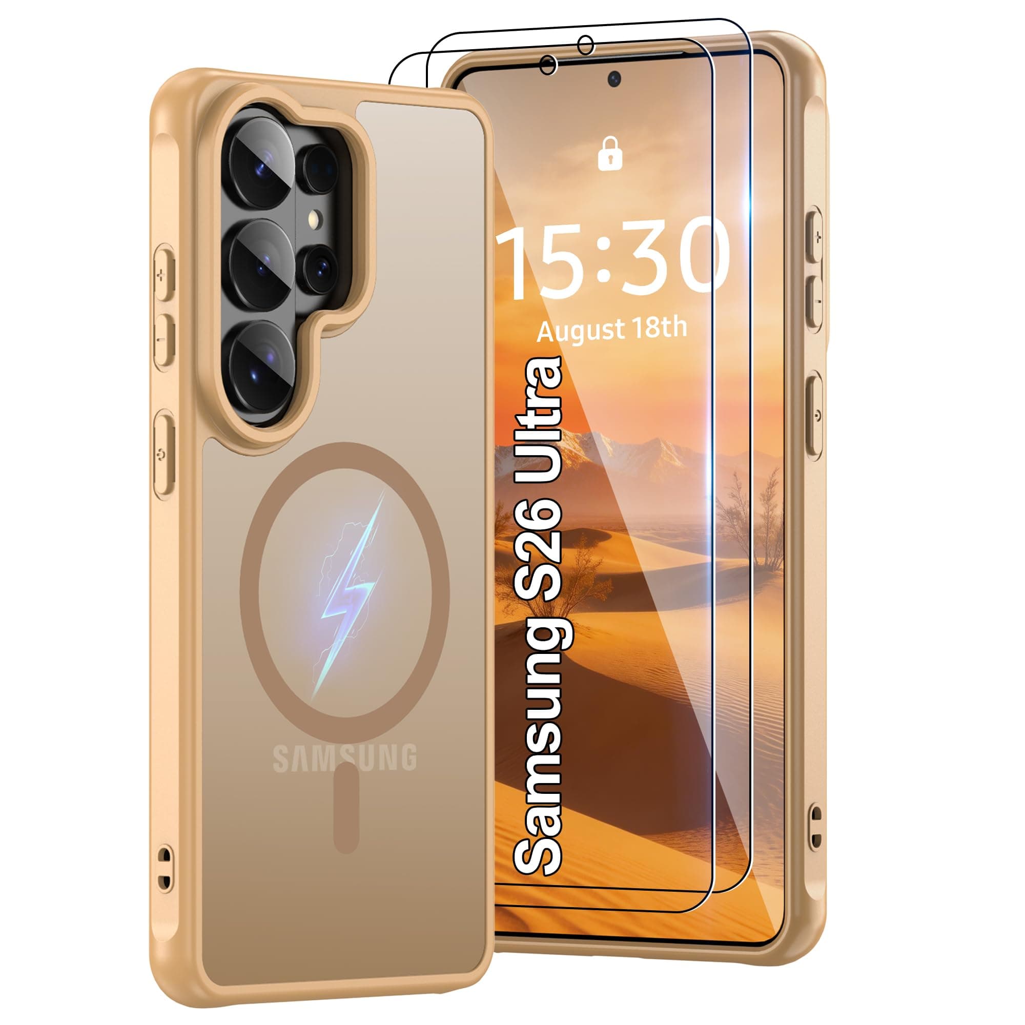Pilaru for Galaxy S26 Ultra Phone Case: 12FT Military Grade Drop Protection [magsafe Fit] s26 Ultra Magnetic case with 2PC HD Screen Protector,Frosted Translucent Soft-Touch Skin for S 26 Ultra,Gold