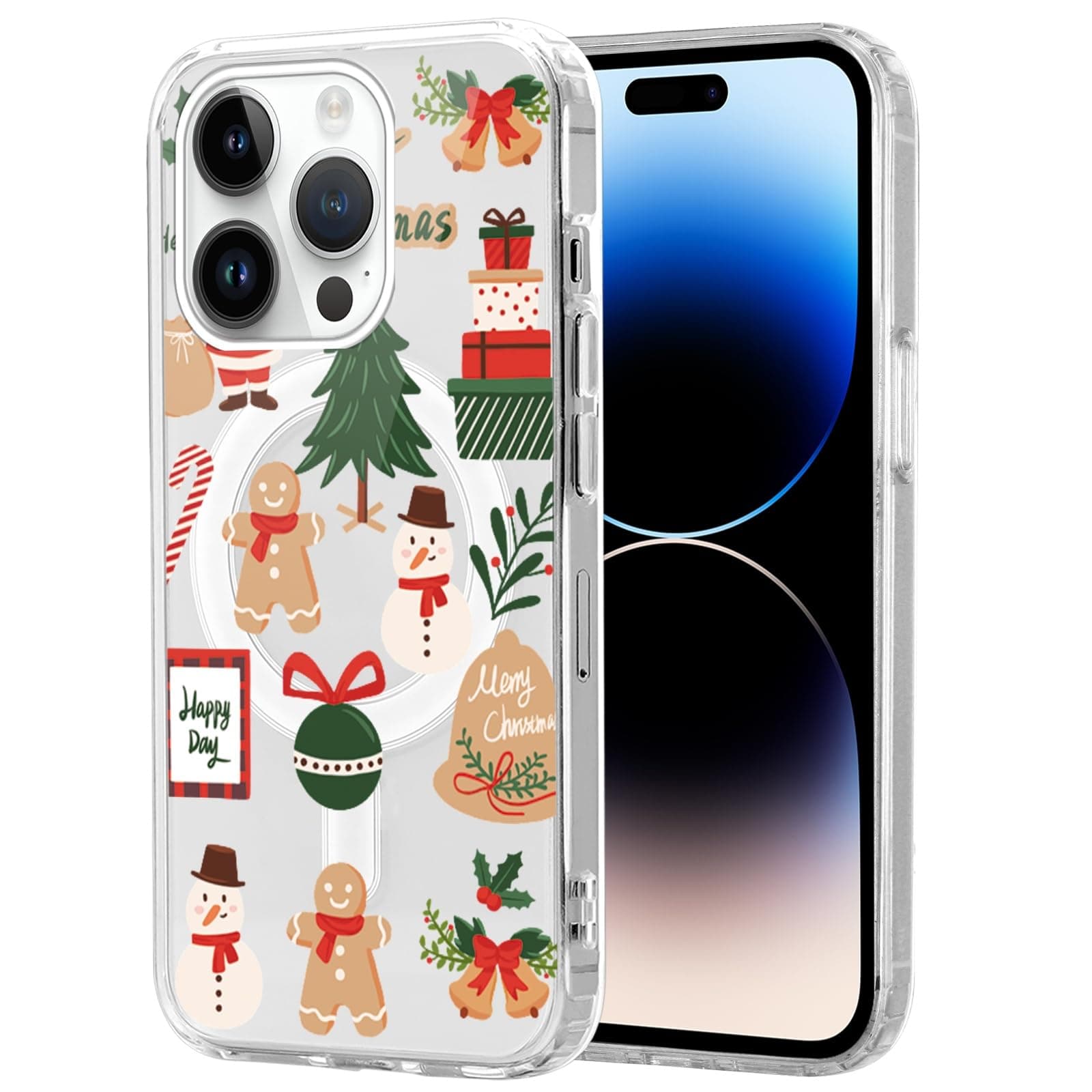 RUMDEY Christmas Transparent Magnetic Case for iPhone 12/iPhone 12 Pro 6.1", Built-in Magnets Compatible with MagSafe, Aesthetics Pattern PC+TPU Protective Shockproof Bumper Girls Cover,Gift