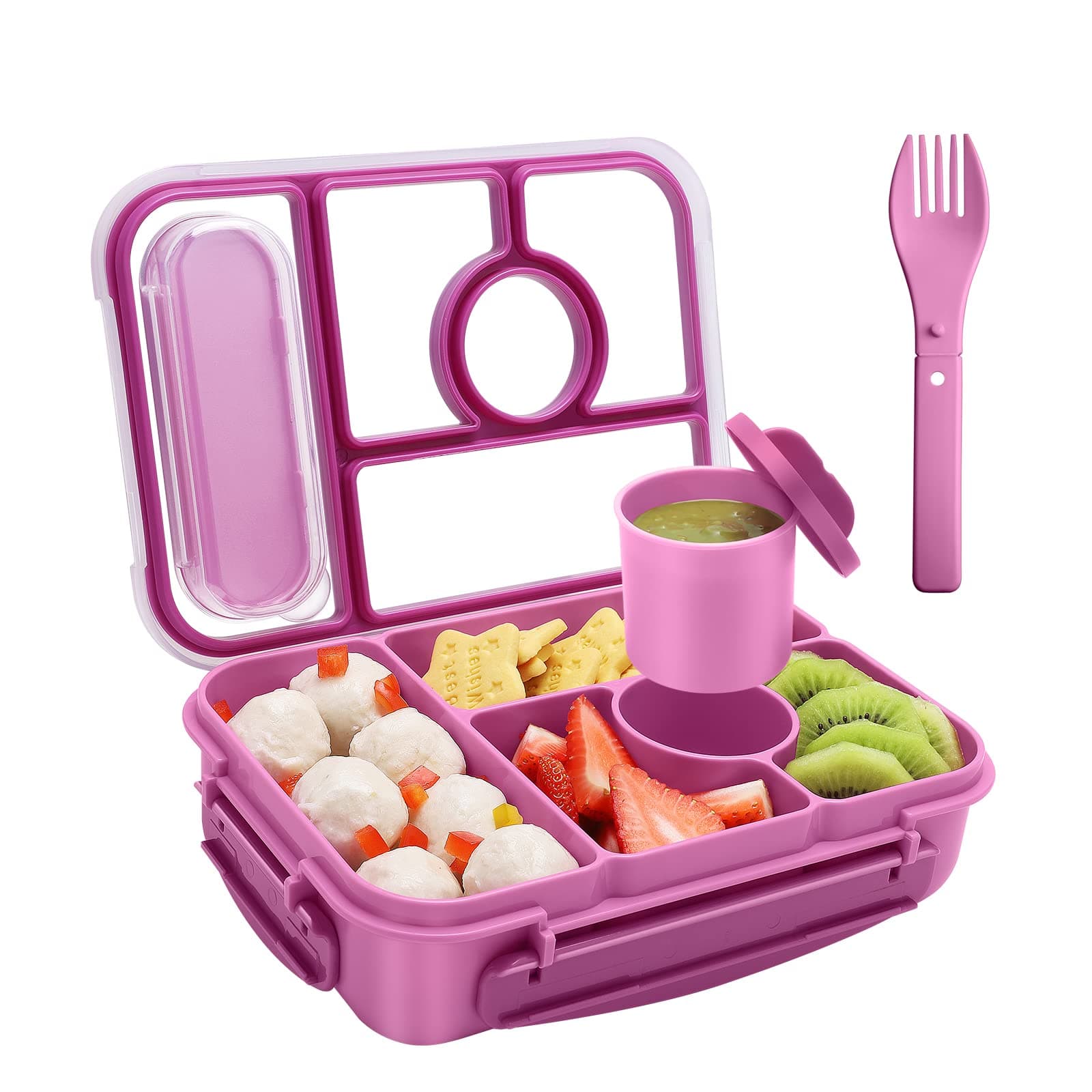 Amathley Bento Box Adult Lunch Box Kids,Lunch containers for Adults/Kids/Toddler,5 Compartments bento Lunch Box for Kids with Sauce Vontainers,Microwave & Dishwasher & Freezer Safe (Purple)