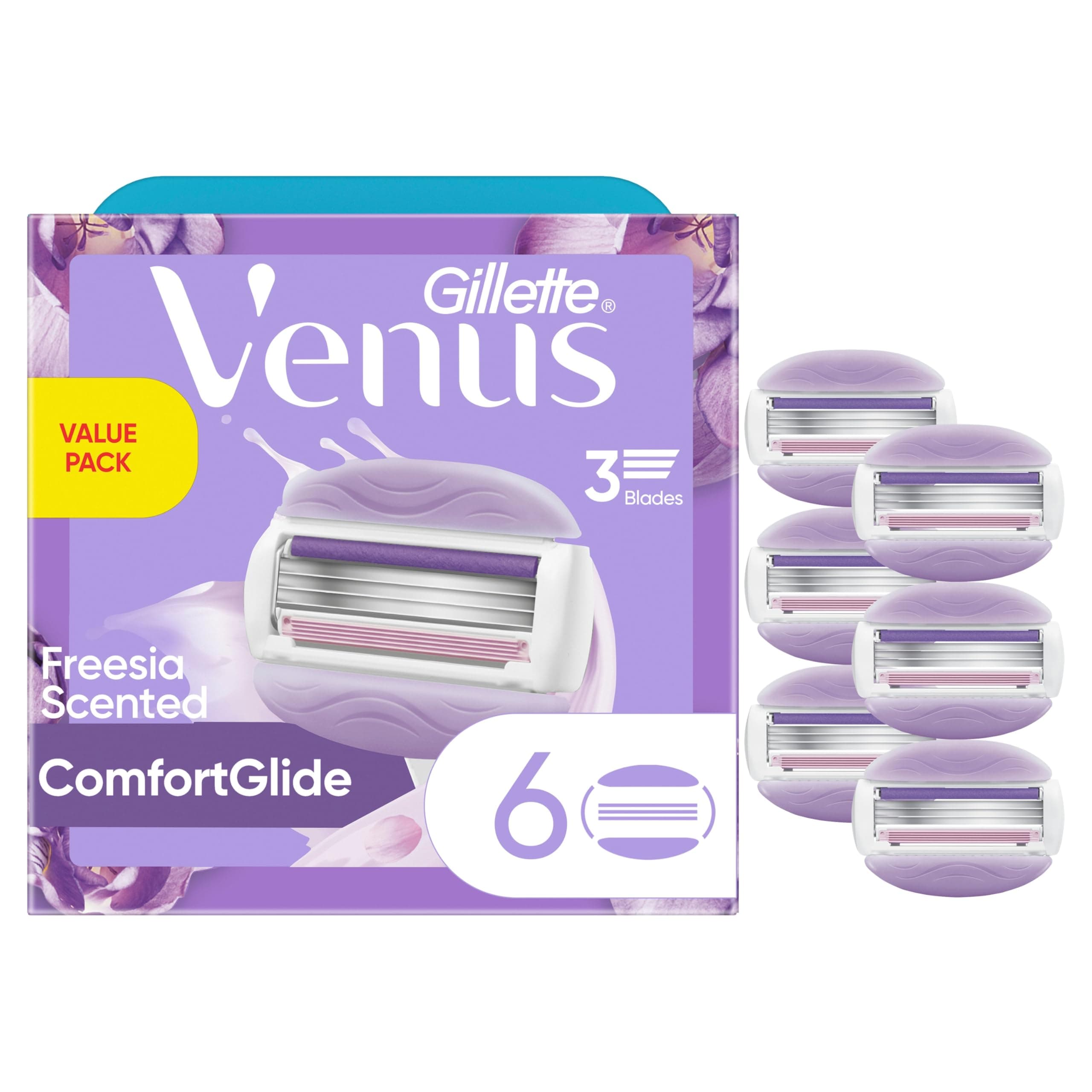 Venus ComfortGlide Freesia Women's Razor Blades, with Built-in Shave Gel Bars, 6 Razor Blade Refills, 1 Pack (Count of 6)