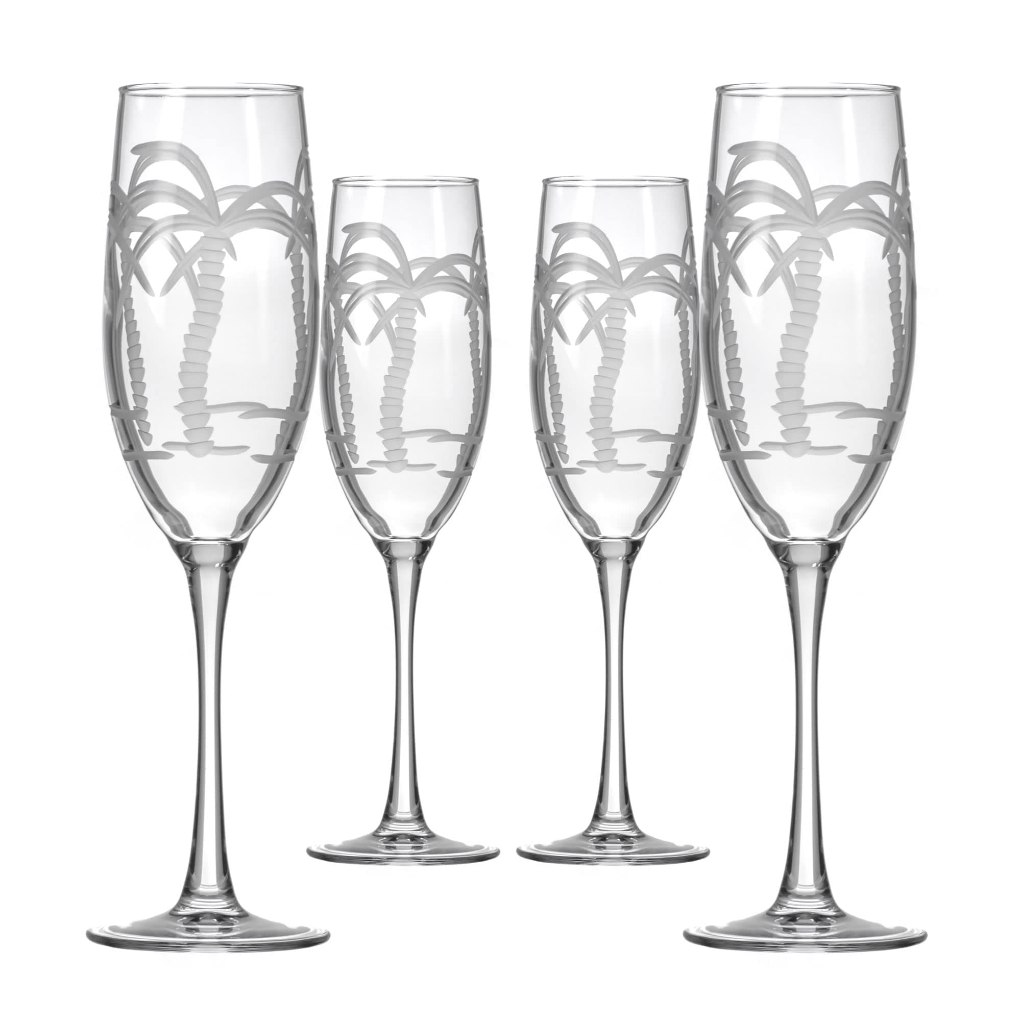 Rolf Glass Palm Tree Champagne Flute | 8oz Toasting Flute Glasses | Lead-Free and Diamond-Wheel Engraved Crystal Glass | Tropical Island-Inspired Design | Made in America | Set of 4