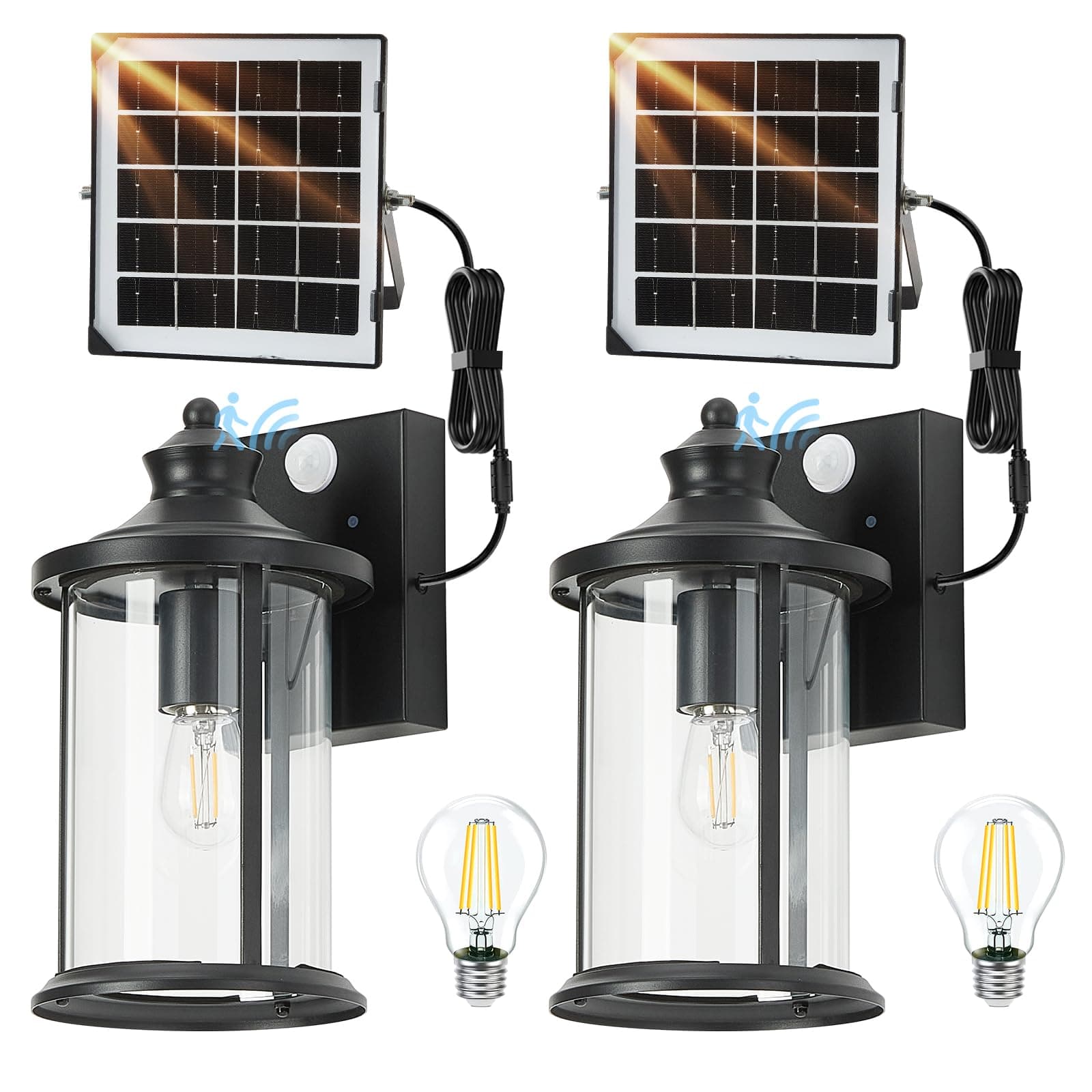 OKELI Porch Lights Outdoor Dusk to Dawn Motion Sensor Solar Wall Lantern Separate Panel & Battery Replaceable Exterior Waterproof Wall Sconce Lighting Lamp (Black B, 2 Pack)