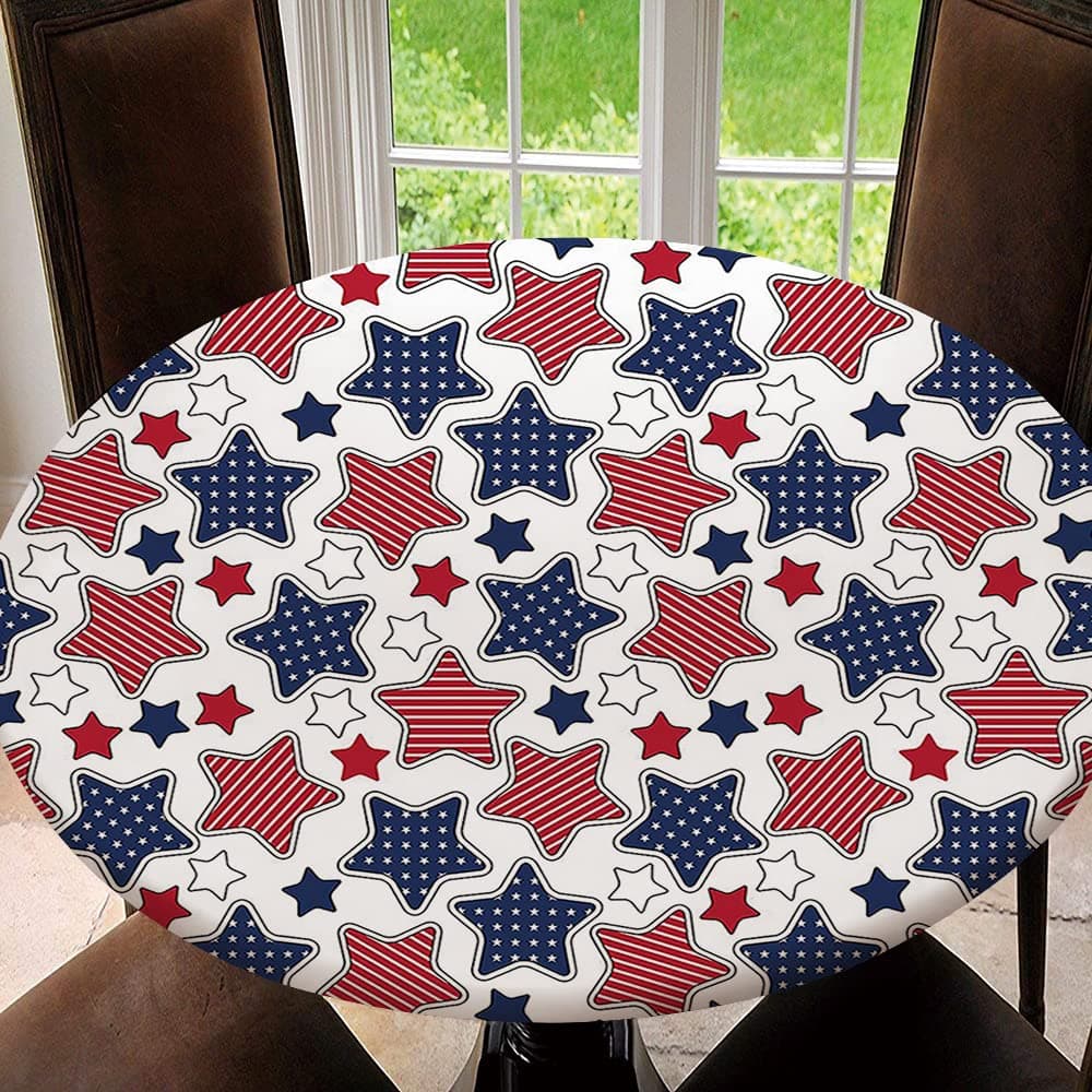 PrintOnDemand Rustic American USA Flag 4th of July Independence Day Wooden Round Fitted Table Cover Elastic Edge Circle Tablecloth Easy Care, Tablecloth Size 54"(Fit for 42.2"-46.1" Table), Type 35