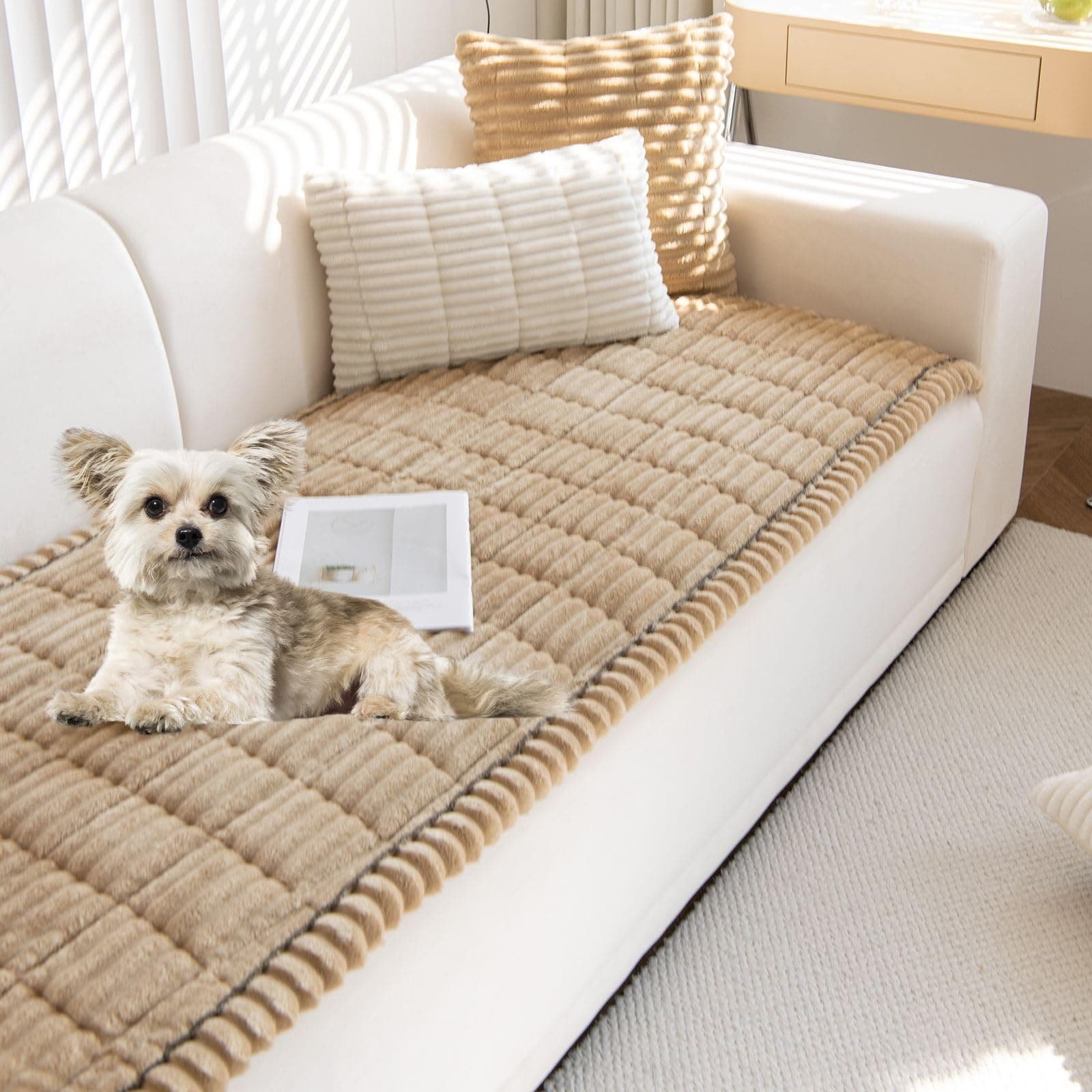 XSlive Faux Fur Plush Dog Couch Cover 3D Stripe Fuzzy Sofa Cover Non-Slip Fluffy Dog Bed Cover Pet Blanket Sofa Couch Furniture Protector for Puppy Large Dog Cat (Coffee,31"x63")