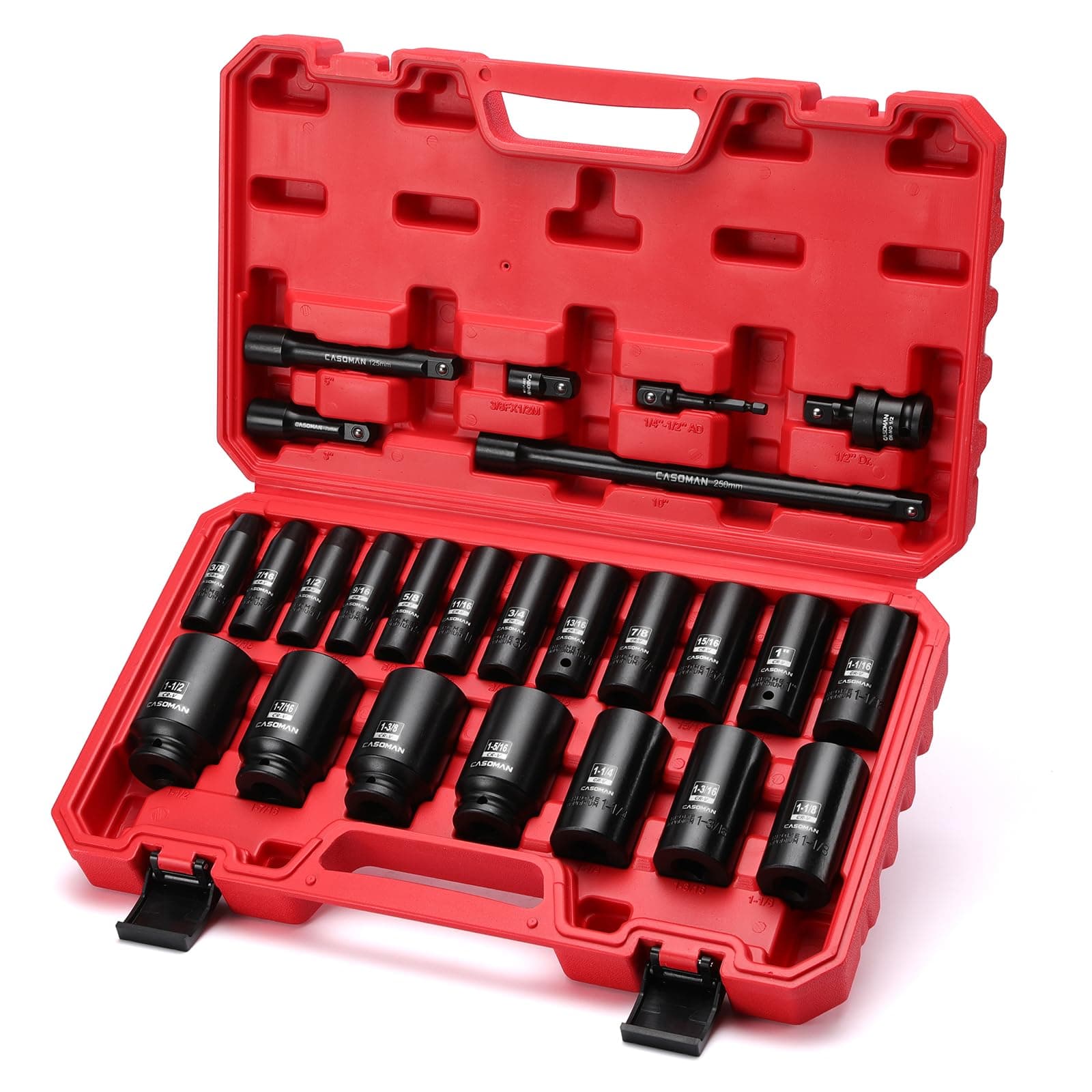 CASOMAN 25 PCS 1/2" Drive Deep Impact Socket Set with Case, 6 Point, 3/8" - 1-1/2", SAE, Include Extension Bars, Socket Adapter, Drill Adapter and Universal Joint