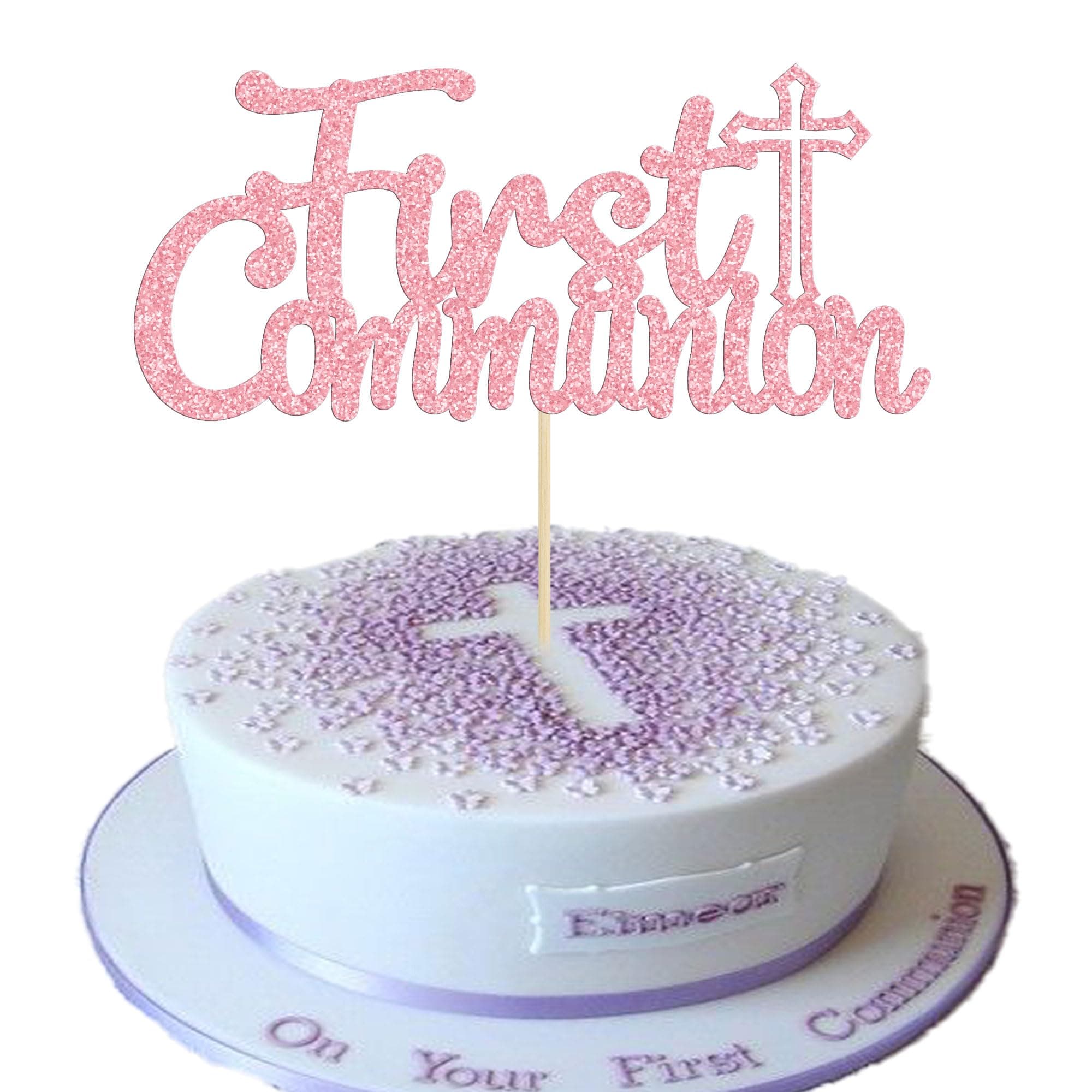Gyufise 1Pcs Pink Glitter First Communion Cake Topper First Communion Cake Decoration for Kids Babyshower God Bless Wedding Baptism Christening Party Decorations