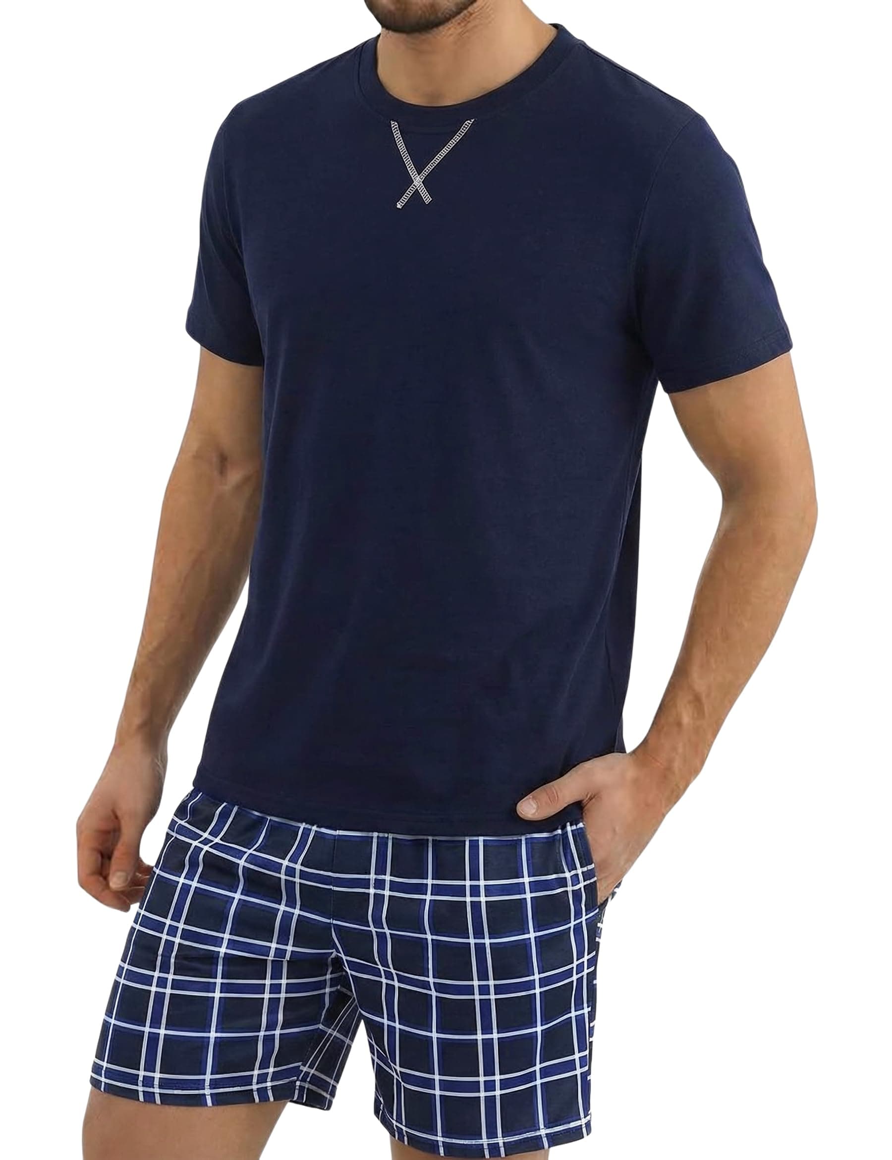 Demegimi Mens Short Pyjama Sets Soft Cotton Sleepwear Classic Plaid Lounge Wear for Men 2 Piece Summer PJS with Crew Neck Top