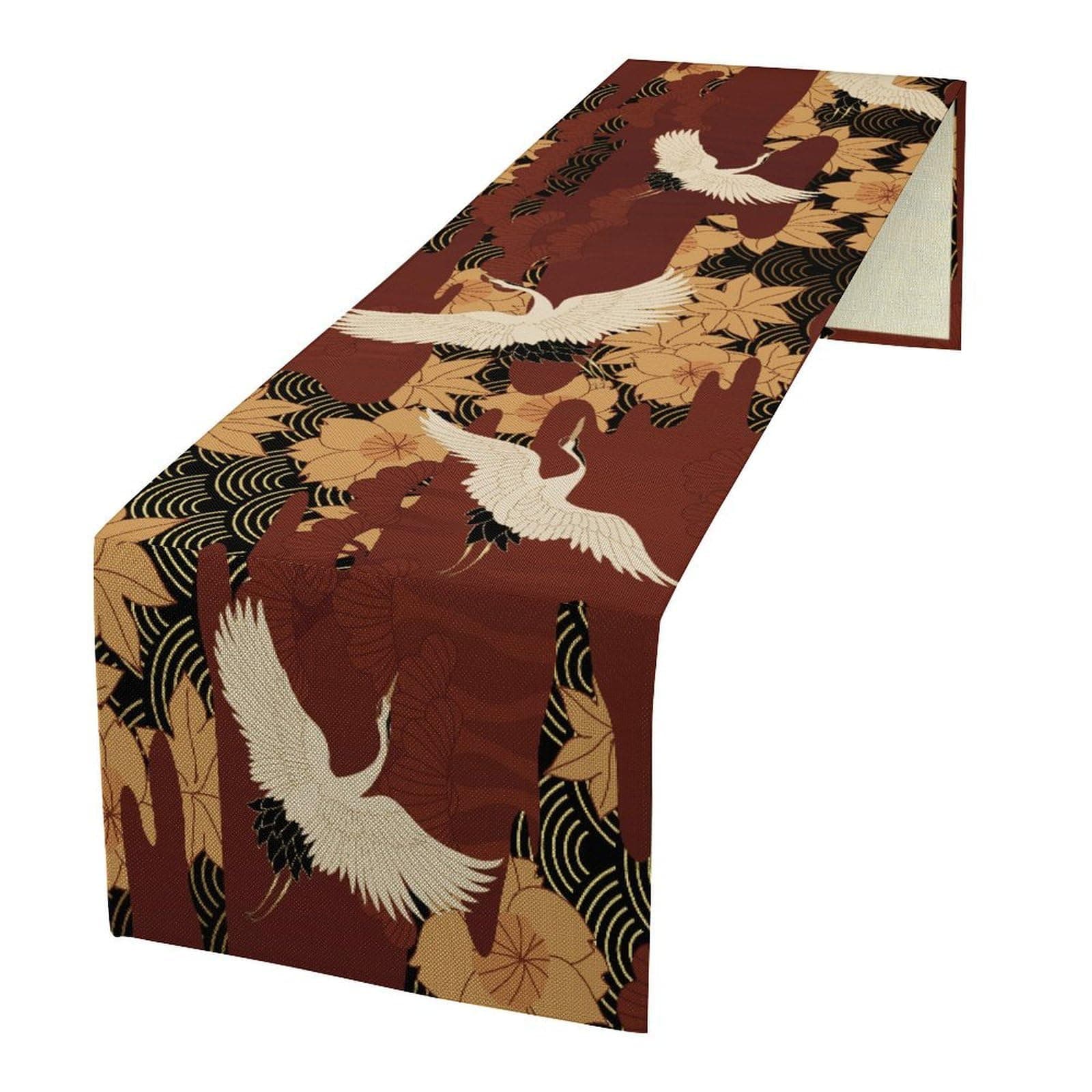 Retro Japanese Crane Table Runner, Luxury Gold Red Oriental Style Chinese Crane Bird Flower Print Table Runner for Kitchen Dining Table Holiday Party Wedding Decoration, 13x90inch