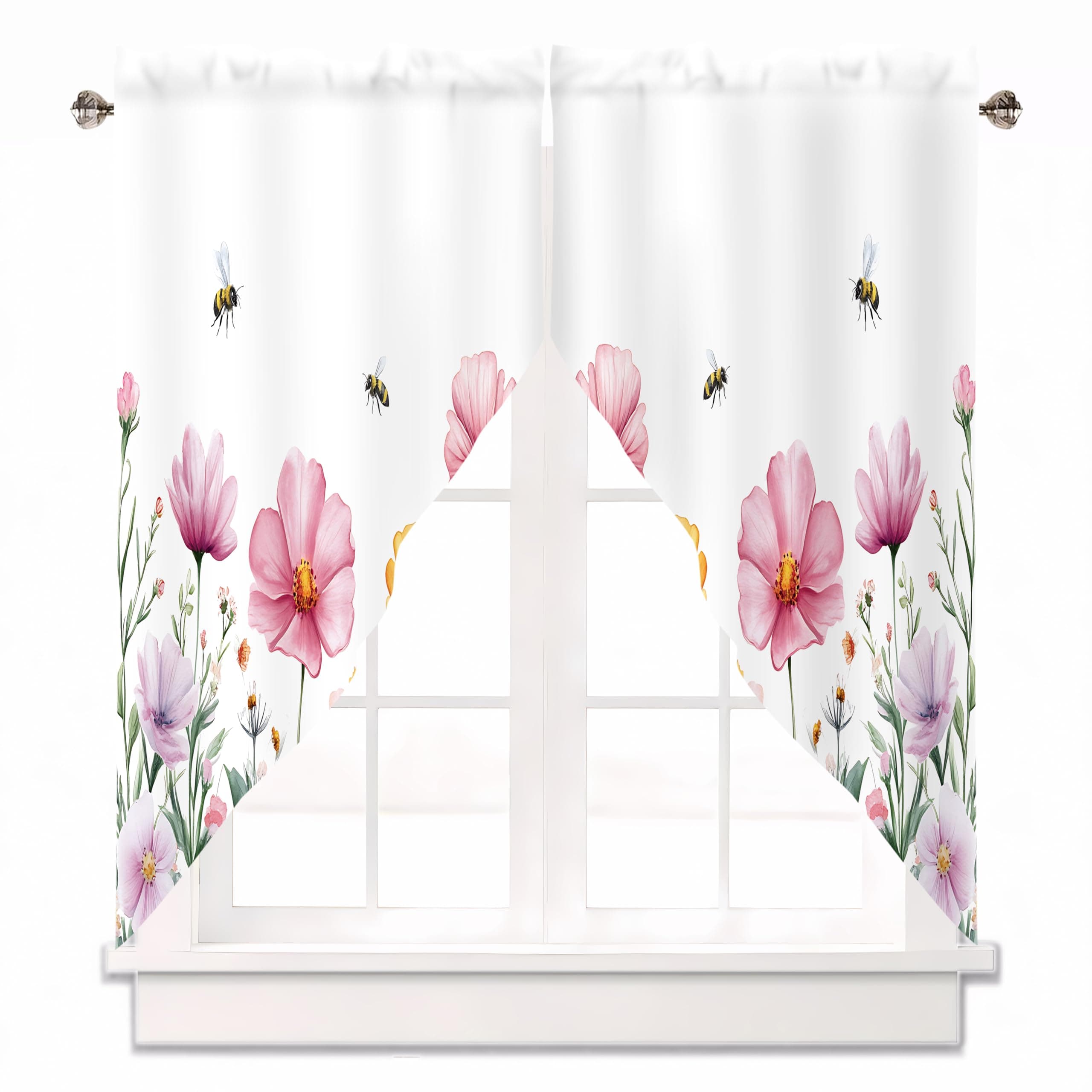 AYTTBIS Spring Wildflowers Bees Pink Floral Swag Curtain Valance for Windows,Black Gray Window Treatments Short Swag Topper for Kitchen Windows Bathroom Bedroom,28 x 36 Inch, 1 Pair