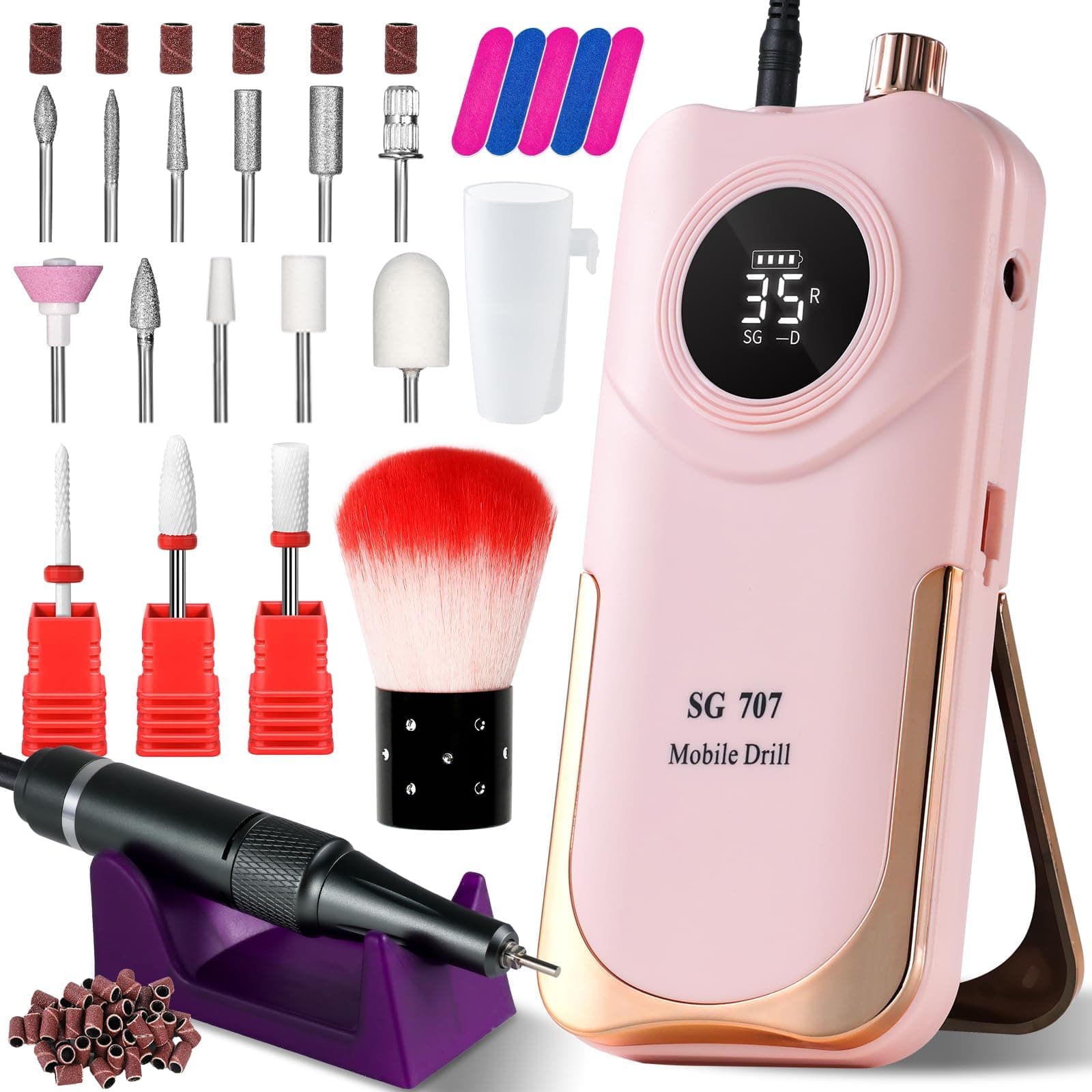 Professional Nail Drill Kit 35000RPM Clip-On Portable Cordless Rechargeable Adjustable Speed with LCD Display and 14 Bits for Acrylic Gel Manicure Pedicure Suitable for Salon Home and DIY Nail
