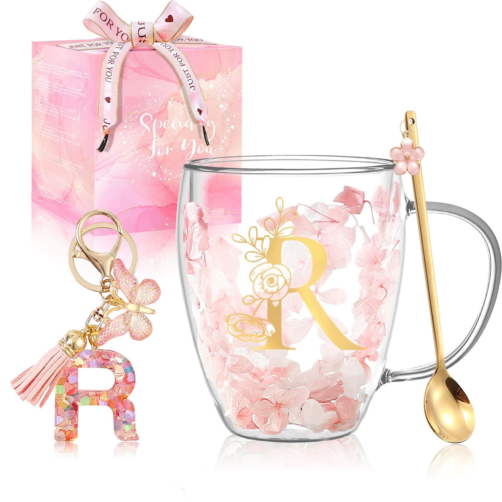 Personalized Gift for Women Flower Glass Coffee Mug Initial Tea cup Monogrammed Customized Bridesmaid Bride Wedding Gifts Graduation Gifts Valentine Mother's Day Birthday Christmas Gift (R)