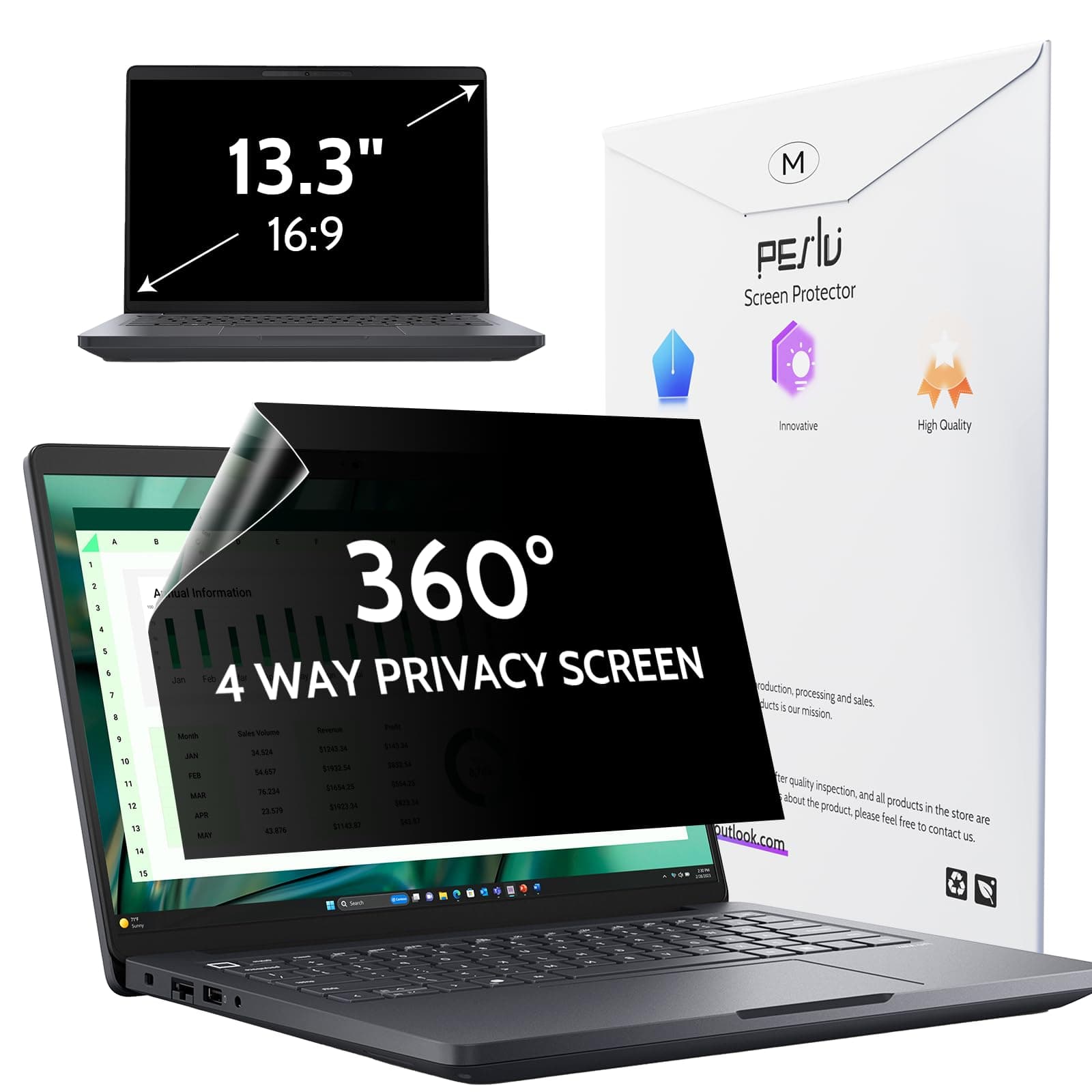Peslv 360° 4 Way Laptop Privacy Screen for 13.3 Inch 16:9 Aspect Ratio Computer Monitor, Anti Glare Blue Light Spy Filter Private Cover, Bubble-Free Black Security Protector
