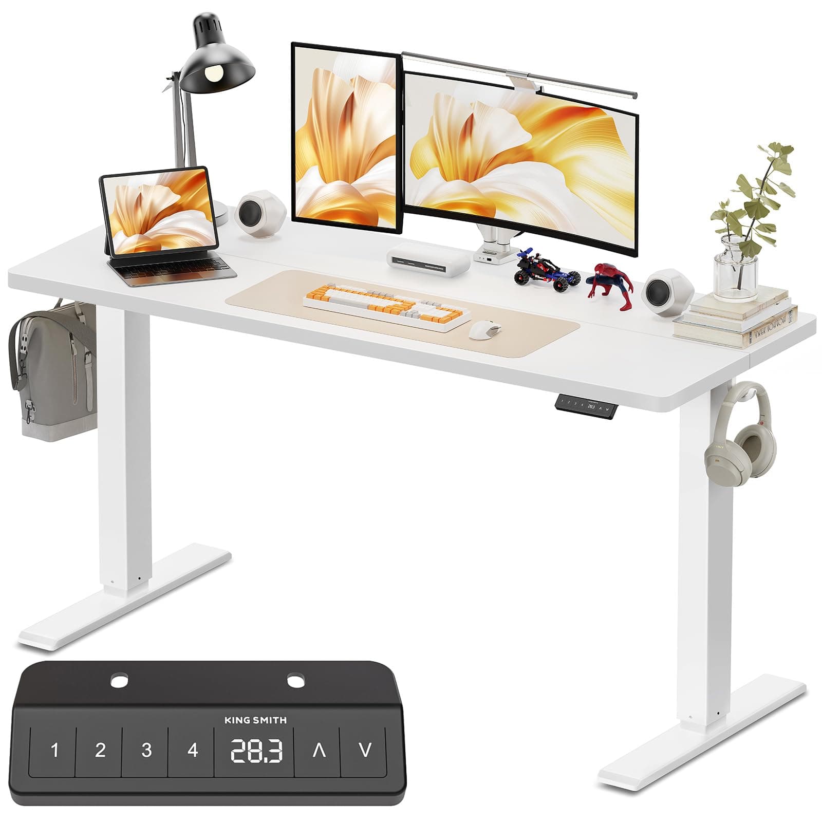 WALKINGDESK 55x24 Inches Height Adjustable Electric Standing Desk with 2 Hooks for Home Office, Ergonomic Sit Stand up Desk with Splice Board, White