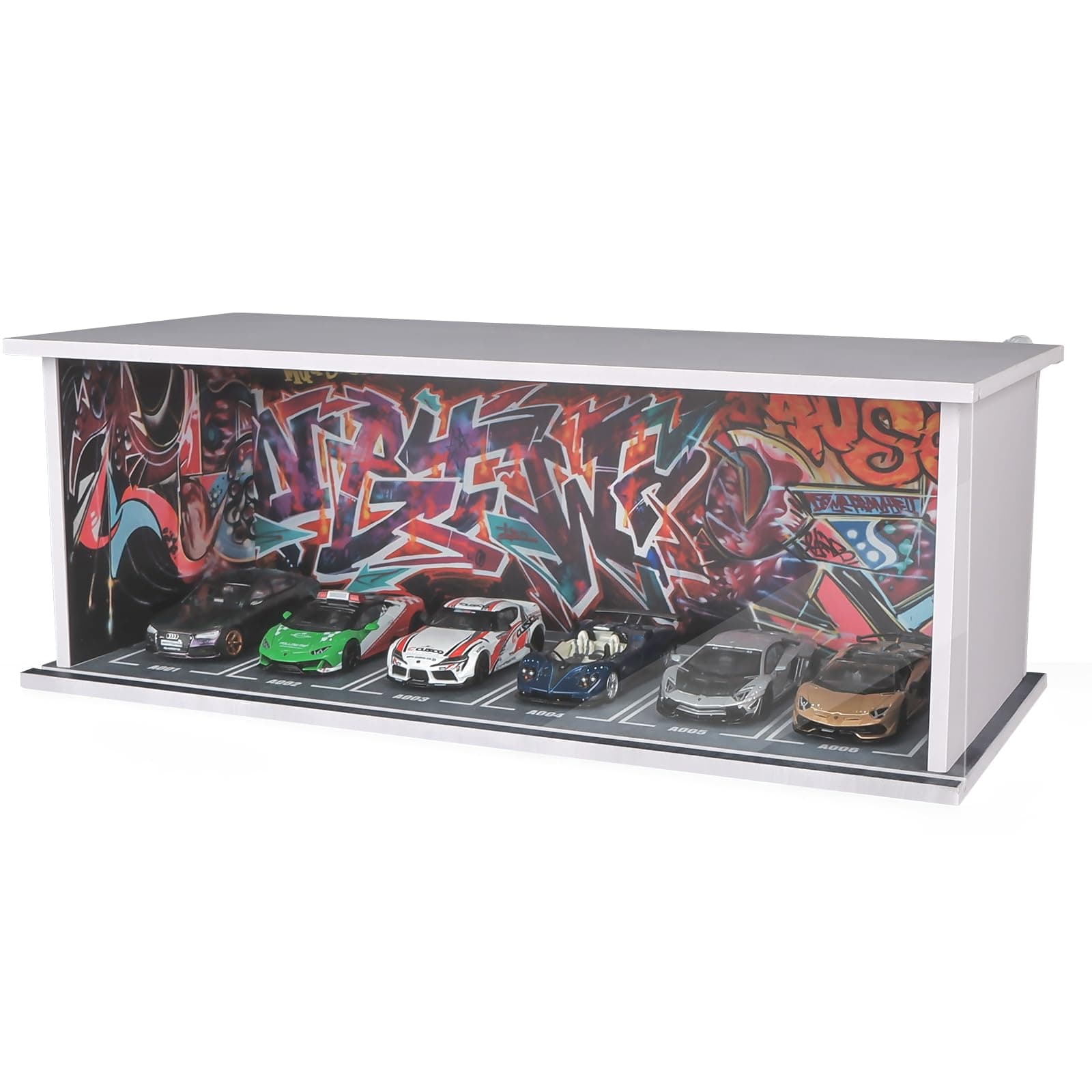 kivcmds Display Case for 1:64 Scale Diecast Model Car,Nascar,Matchbox Cars Dustproof Storage Box Diorama Garage Scene Parking lot with Lights(Graffiti Scene)