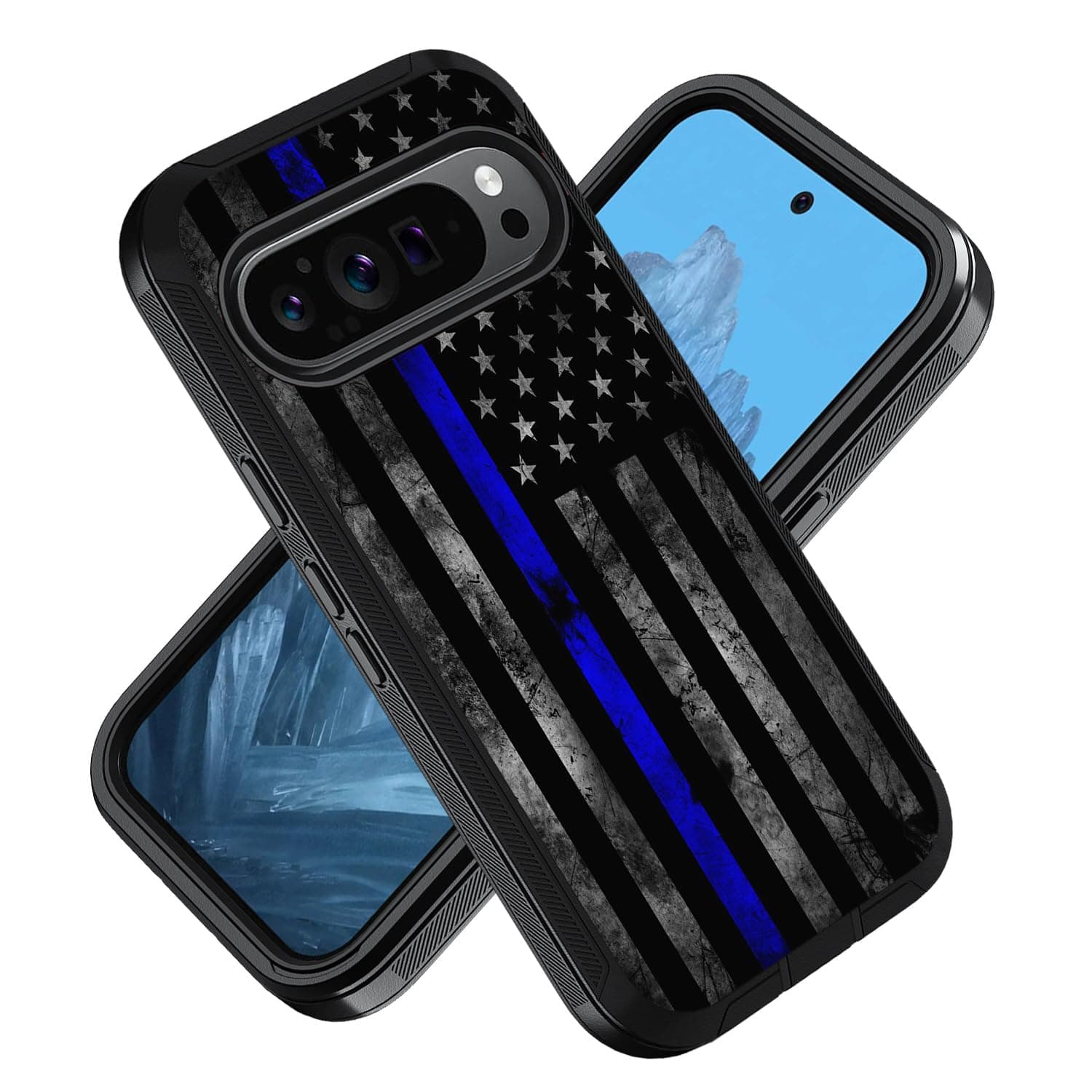 ZXHSBROK for Google Pixel 9/Pixel 9 Pro Phone Case, Military Grade Heavy Duty 3-Layer Shockproof Drop Protective Cover for Google Pixel 9/Pixel 9 Pro (2024), Thin Blue Line American Flag
