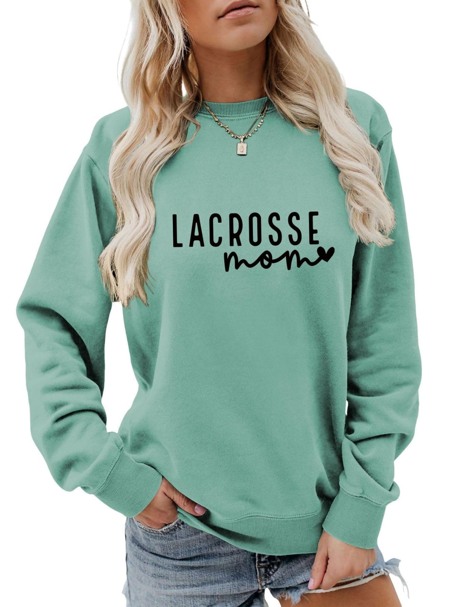 Enviarbrillo Lacrosse Mom Shirt Womens Crew Neck Sweatshirt Lacrosse Mom Pullover Hoodies Lacrosse Game Day Cheer Mom Sweater Lacrosse Mama Long Sleeve Fall Shirts Light Green