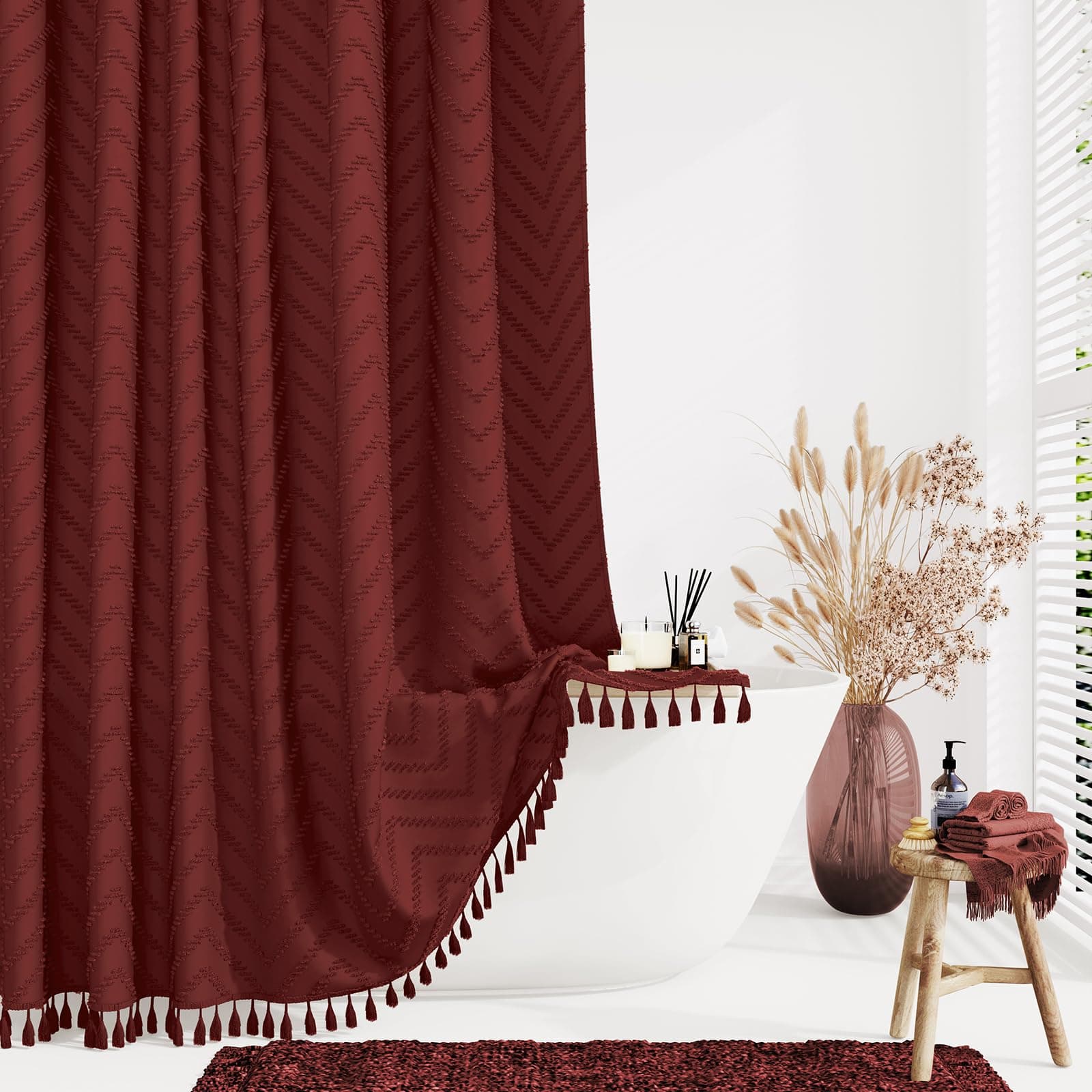 Dynamene Extra Long Shower Curtains, 84 Inch Long Boho Tufted Chevron Striped Fabric Shower Curtains for Bathroom, Tall Minimalist Chic Waterproof Cloth Shower Curtain Set with Hook, Burgundy, 72x84