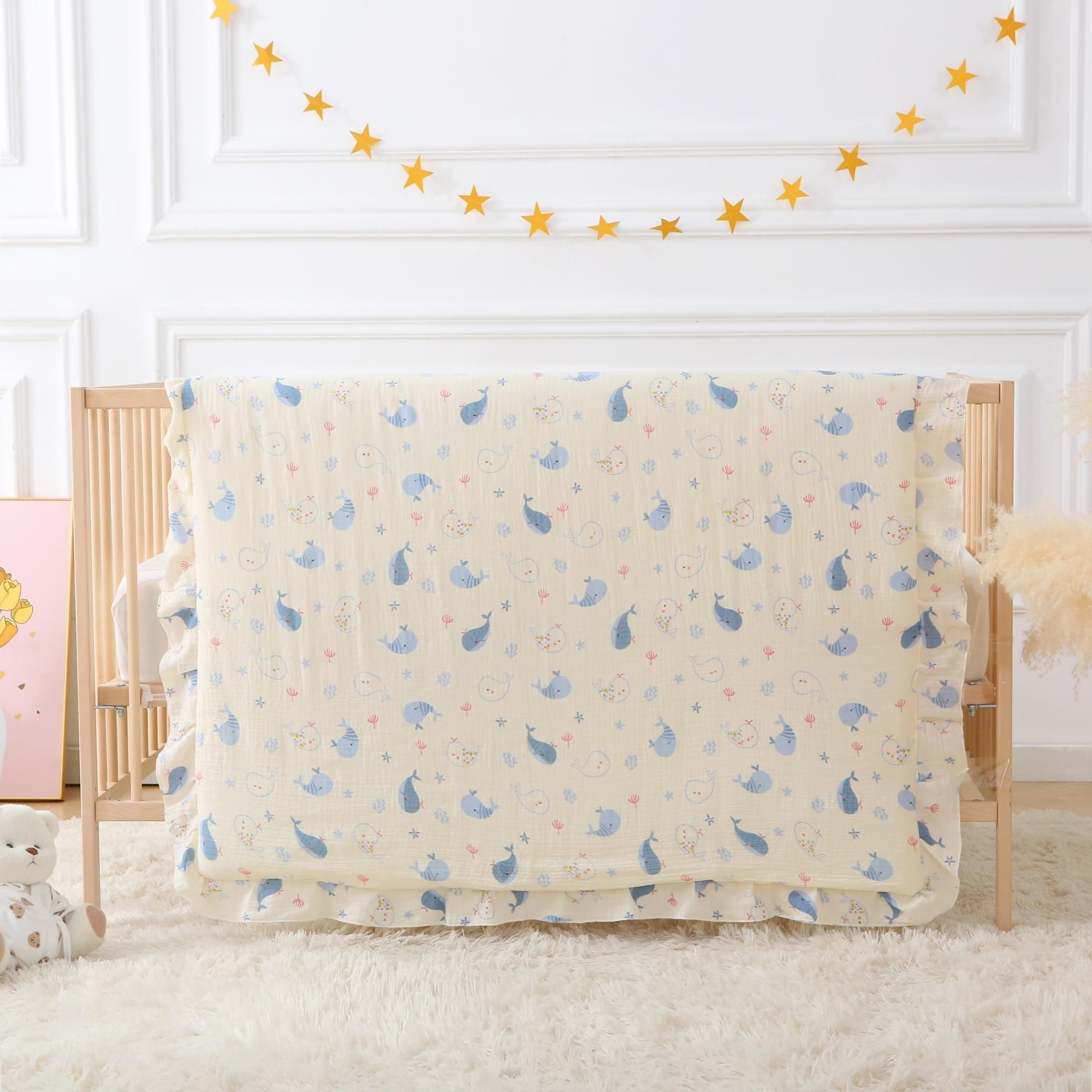 CLoucl 100% Cotton Muslin Crib Comforter/Quilt,Ultra Soft Cozy Reversible Baby Blanket,All Season Toddler Blankets for Boys and Girls, Machine Washable,41"x48"