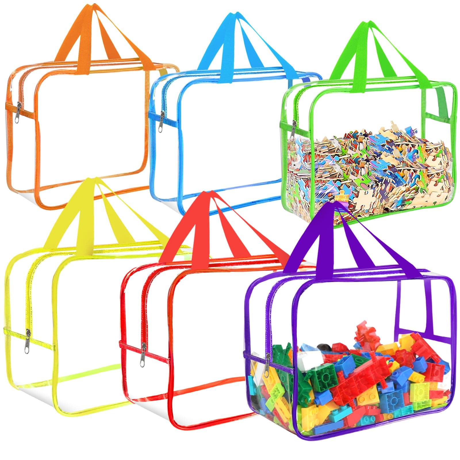 6 Colors Large Toy Storage Bags with Labels, Reusable Clear PVC Board Game Storage, Travel Waterproof Organizer Bags with Zipper for Building Blocks, Puzzle, Kids Books(3 large & 3 Extra Large)