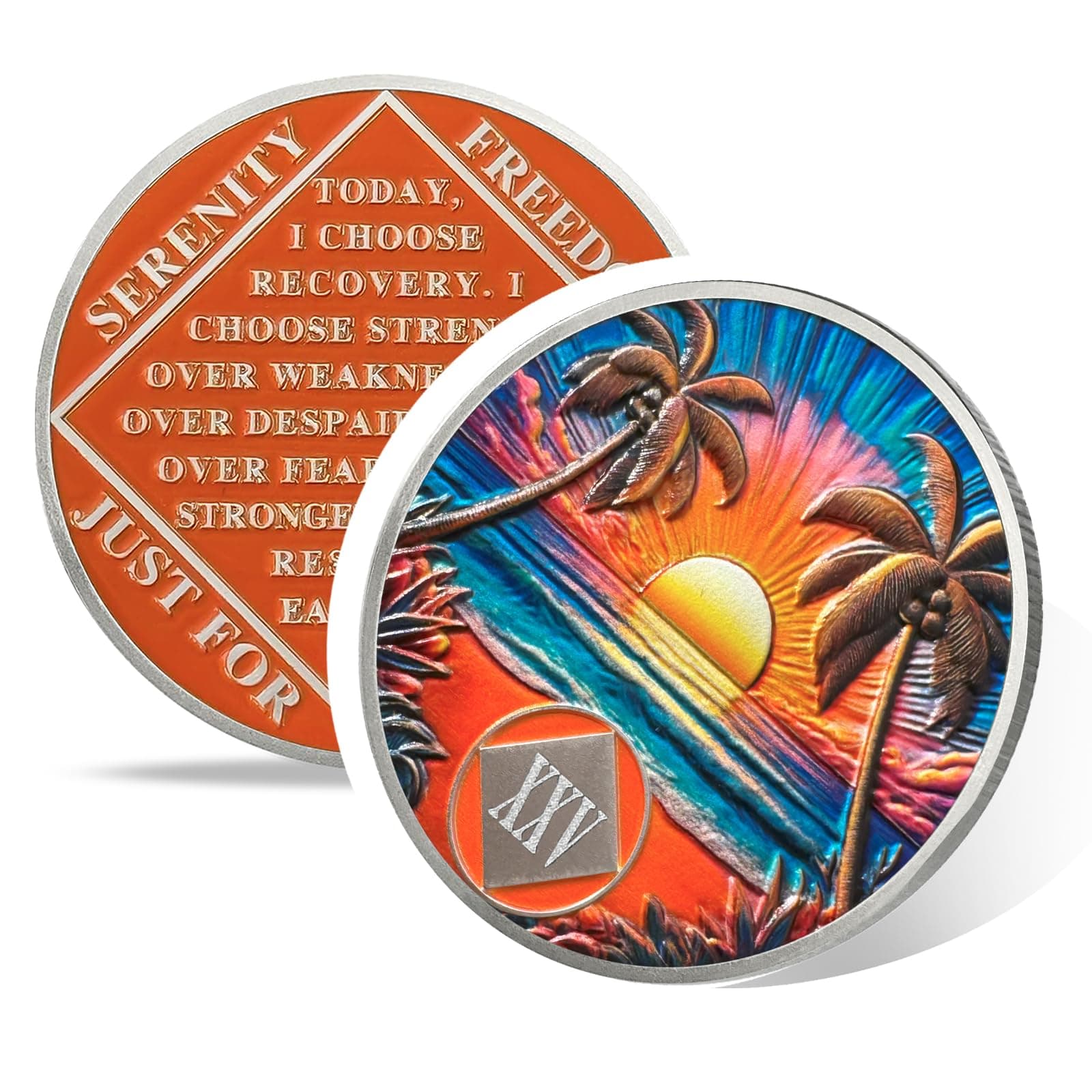 Beach Sunset 25 Year Sobriety Coin, Affirmation NA Coin, Addiction Recovery Twenty-Five Year Sober Chip, Celebrating Recovery Anniversary Token, Narcotics Anonymous Sobriety Gifts for Men Women