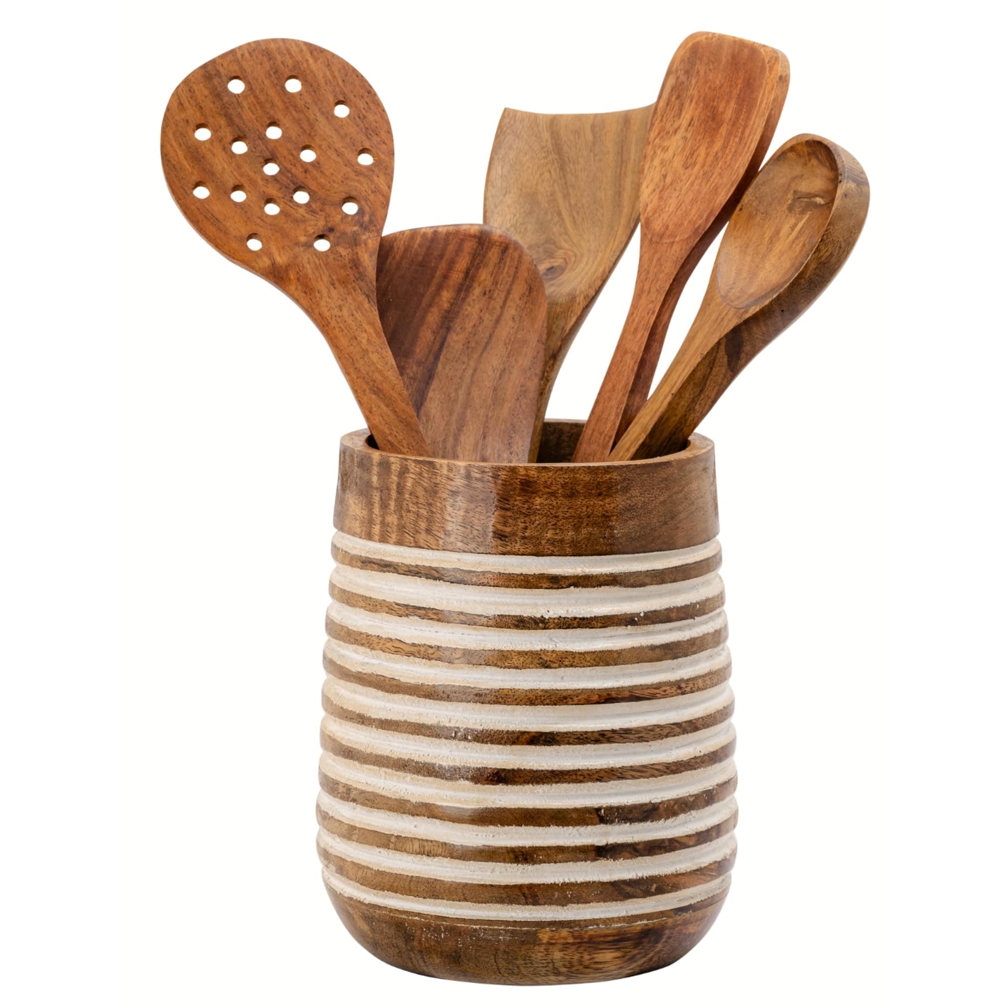 Mie Creations Boho 7'' Large Utensil Holder for Kitchen Counter | Handcrafted Wooden Utensils Crock Cooking Spatula Organizer | Gifts for Mom, Utensil Holder Caddy, Countertop Supplies- White Lining
