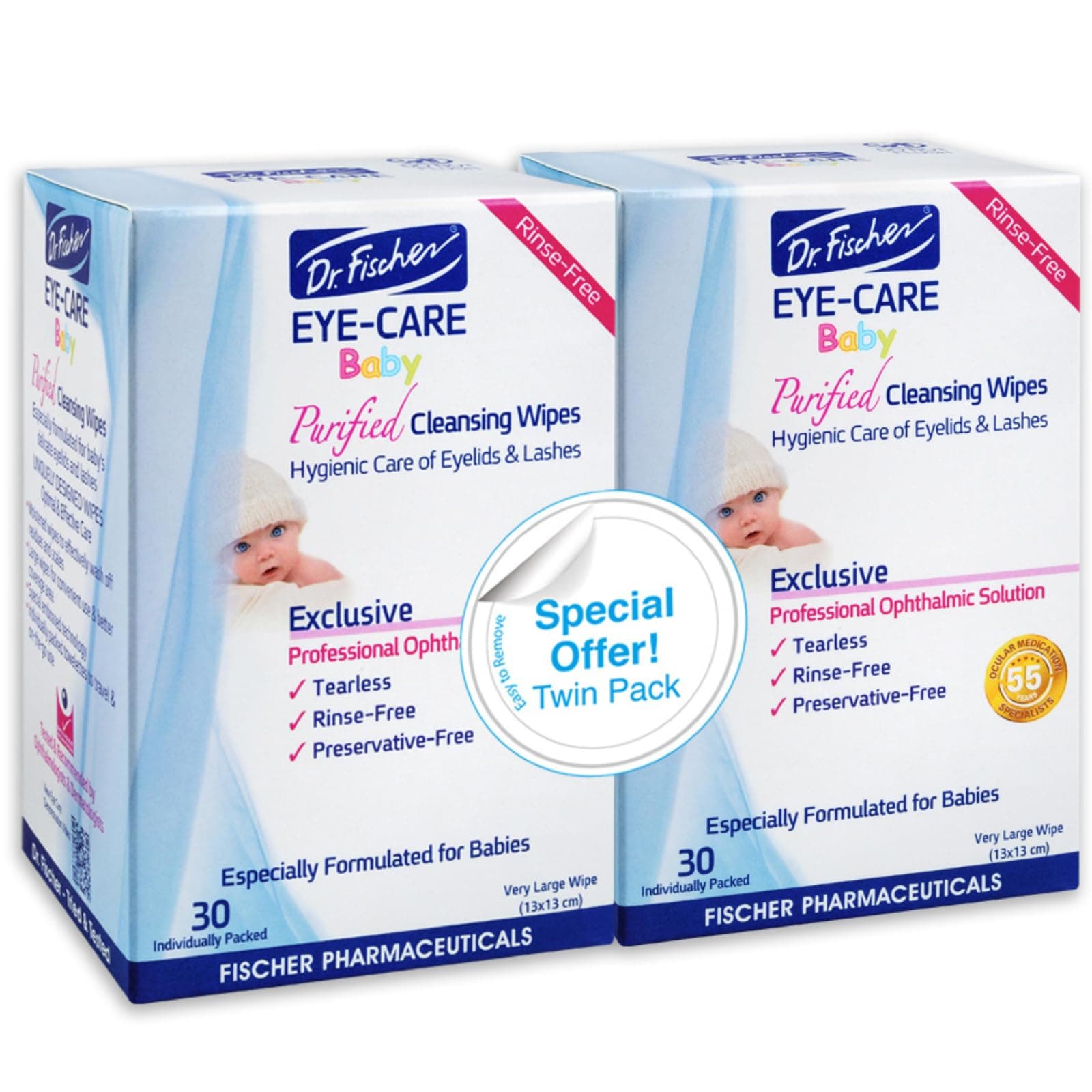 Purified, Non Irritating, Hypoallergenic & Sensitive Approved Baby Eyelid Wipes by Dr. Fischer – Pre-moistened, Rinse Free and Pediatrician Recommended (Twin Pack)