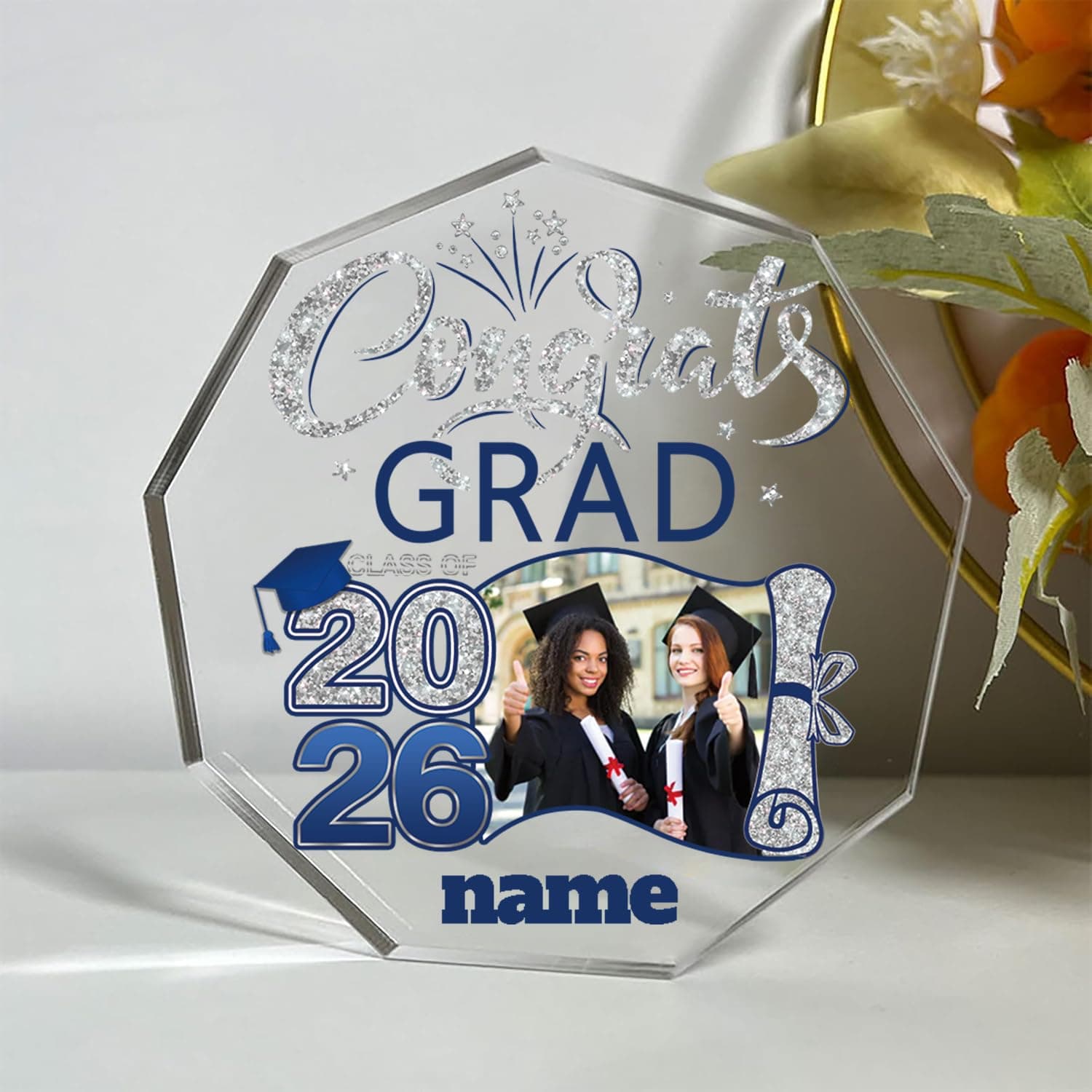 Discodes Personalized Graduation Gift Class of 2026 Desk Paperweight Farewell Memorial Decorative Signs Plaques with Photo(A-Blue and Silver)