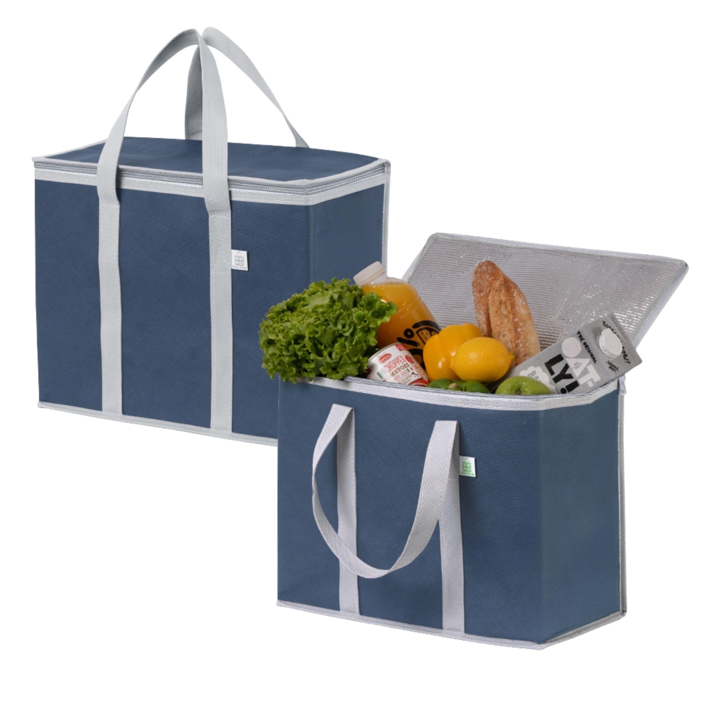 VENO 2 Pack Insulated Reusable Grocery Bag, Food Delivery Bag, Durable, Heavy Duty, Large Size, Stands Upright, Collapsible, Sturdy Zipper, Reusable and Sustainable (Blue, 2 Pack)