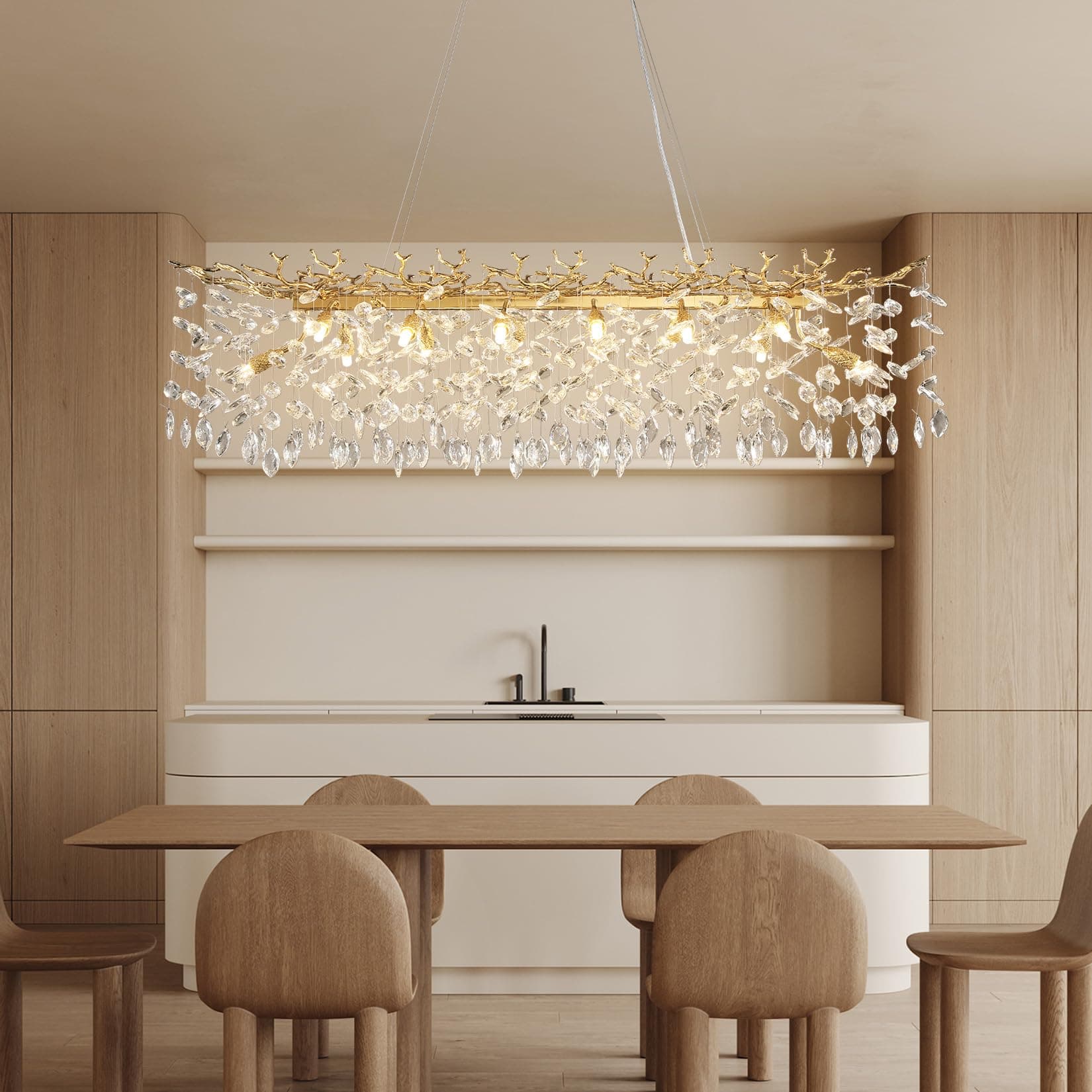 47.2" Modern Crystal Chandelier, 14-Light Gold Tree Branch Chandelier for Dining Room, Luxury Rectangular K9 Crystal Raindrop Chandeliers Light Fixture for Kitchen Island, Living Room, Foyer, Bedroom