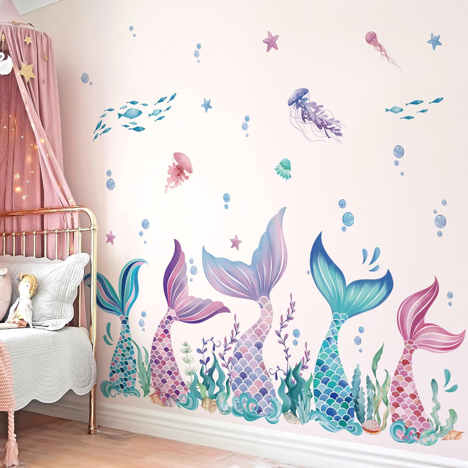 wondever Mermaid Tail Wall Stickers Under The Sea Seaweed Wall Decals