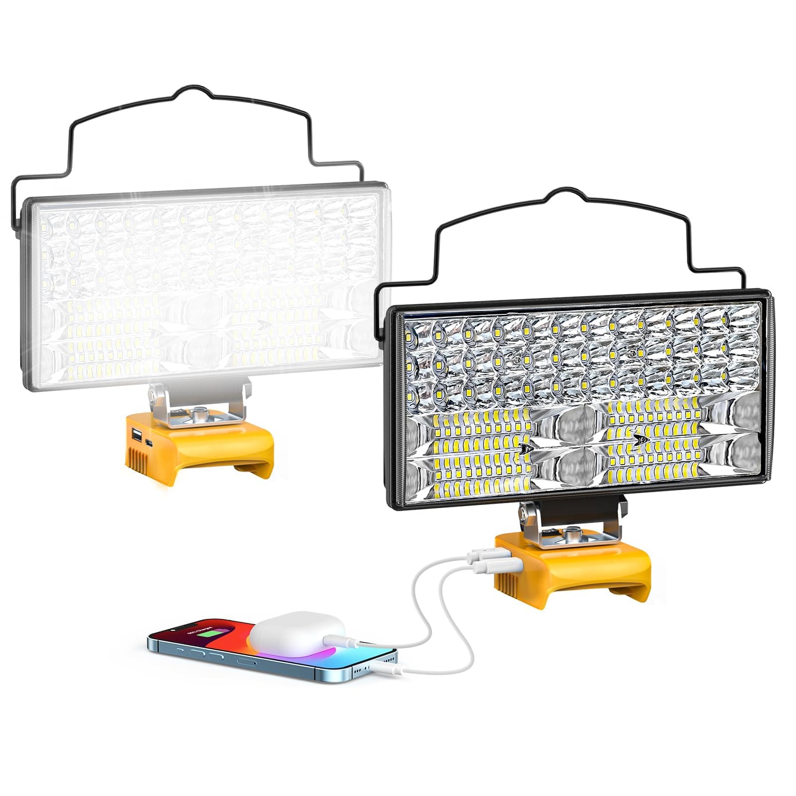 LIVOWALNY 148W LED Work Light Compatible with Dewalt 20V Battery, 2PCS 14800LM Flashlight with USB A & USB C Output Port Low Voltage Protection, Cordless Portable Floodlight for Camping