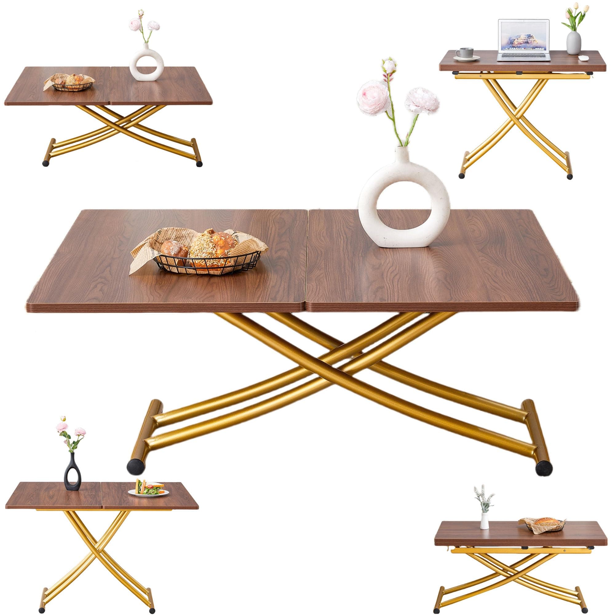 EXVQMU Convertible Lift Top Table: Folding Coffee to Dining, Height Adjustable, Wooden Surface & Metal Legs, Perfect for Compact Spaces (Dining/Living) (Walnut + Gold)