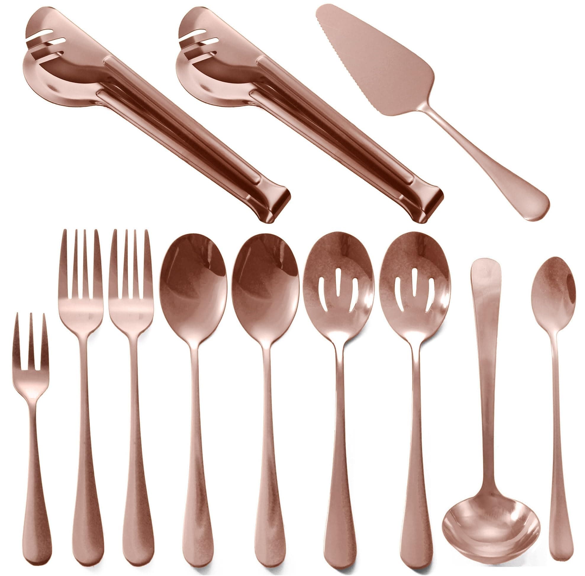 Rose Gold Serving Utensils,12 Pcs Stainless Steel Serving Utensil with Serving Spoon,Slotted Spoons,Serving Forks,Soup Ladle,Serving Tongs,Pie Server,Ice Spoon Serving Utensils Set for Parties,Buffet