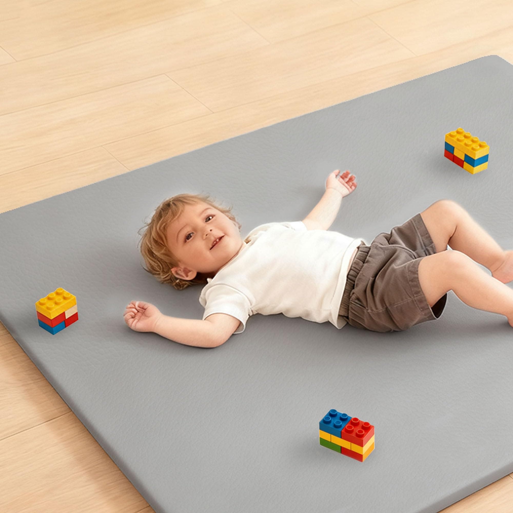 LevNubis PU Leather Baby Play Mat for Floor, 50"×50" Playpen Mat, 1.3" Thick Elasti-Foam, Non-Slip Crawling Mat for Tummy Time, Waterproof & Wipe-Clean Playmat for Toddler,Infant, Kids (Grey）