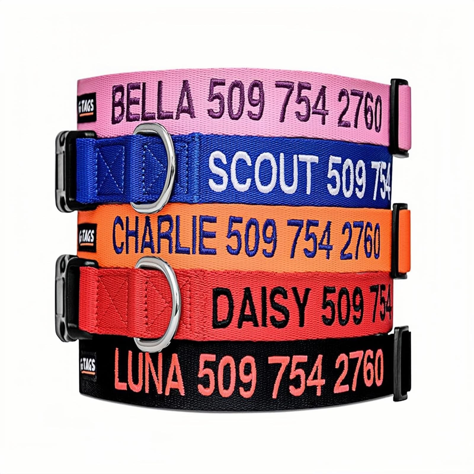 Custom Embroidered with Pet Name & Phone Number | Reflective Nylon Collar with 4 Adjustable Sizes for Small to Large Dogs | Add Leash Via Customize Now