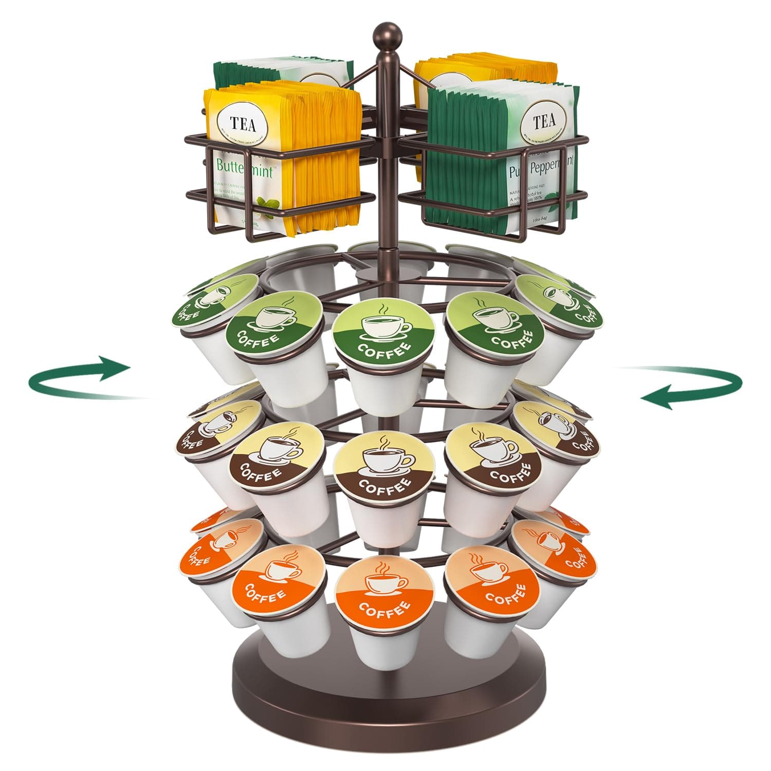 EsLuker.ly K Cup Holder Coffee Pod Organizer Carousel for Countertop, Rotatable Metal 4-Tier Storage Rack Stand for 30 K Cups & Tea Bags, Convenience Meets Elegance, Coffee Brown