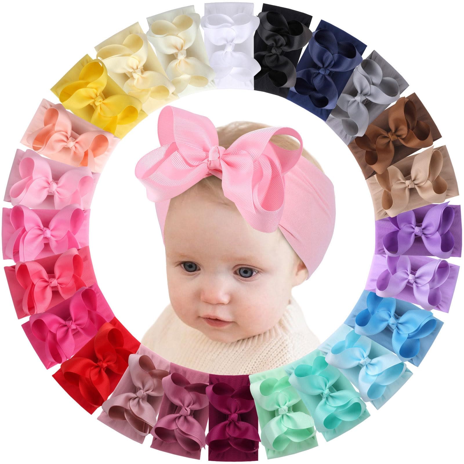 OAOLEER 24PCS Baby Girls Bows Headbands, Nylon Hairbands Ribbon Bow Elastic Hair Accessories for Newborns Infants Toddlers and Kids